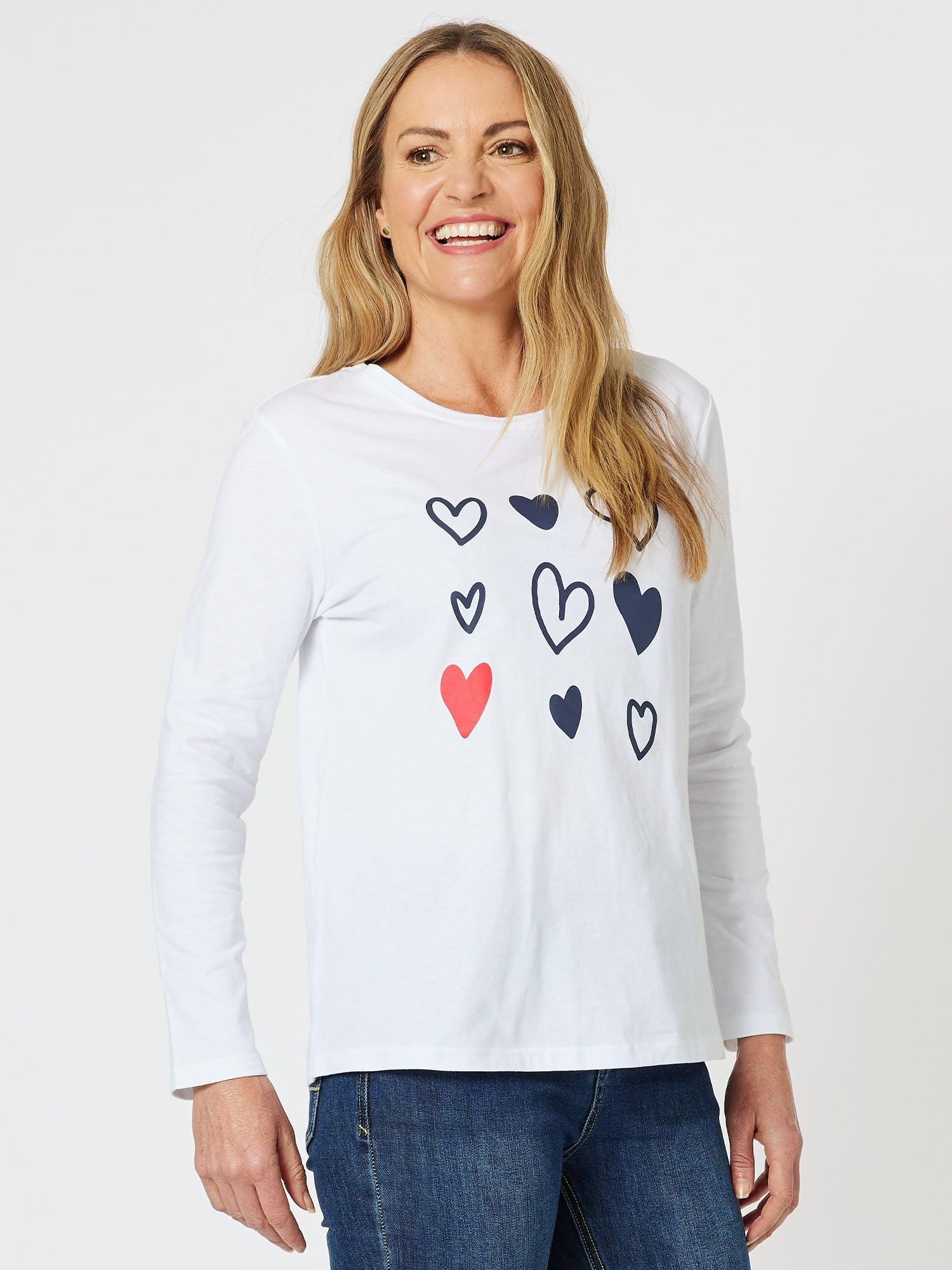 Heart Print Long Sleeve Top - White