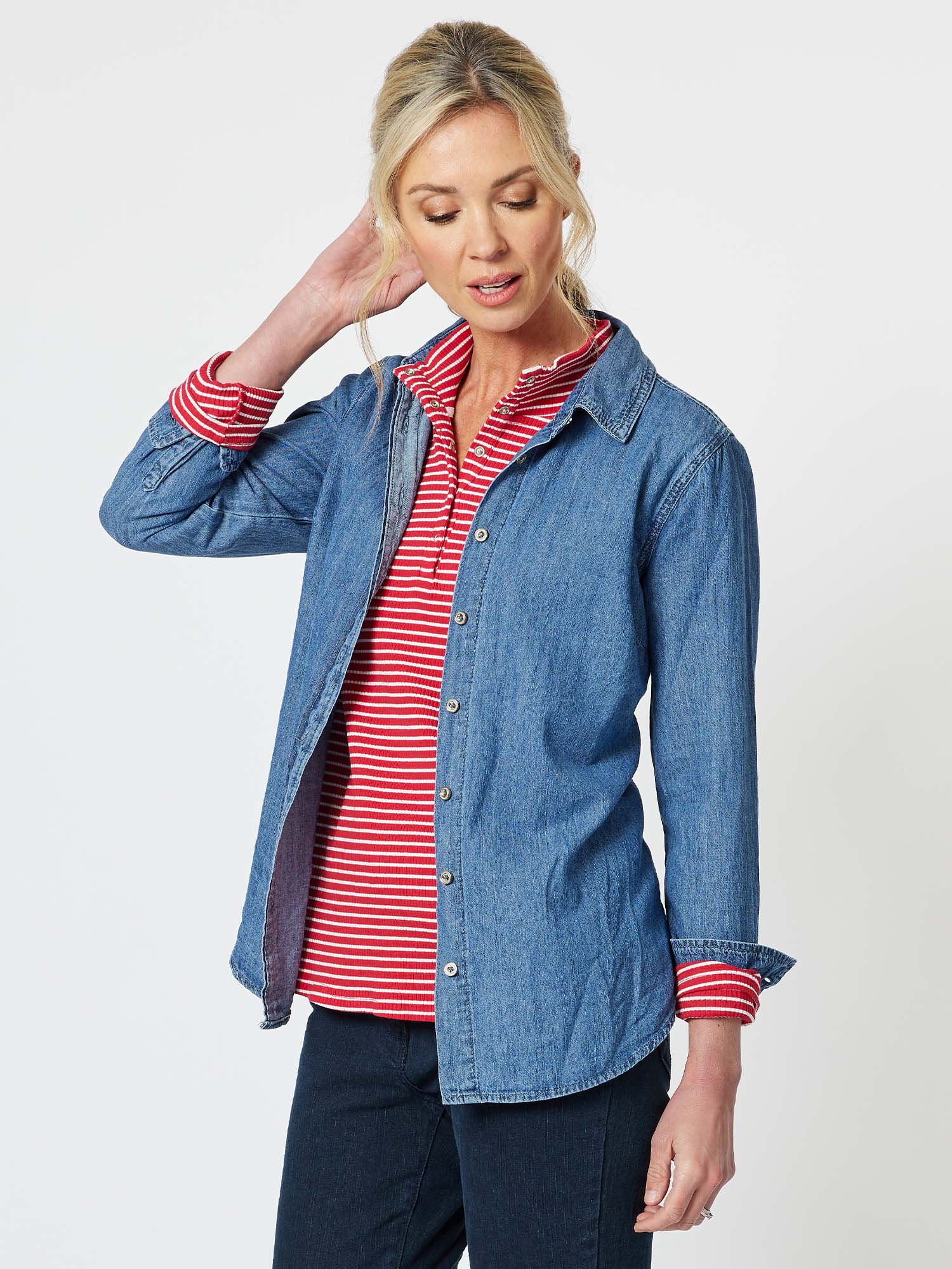 Stripe Snap Detail Long Sleeve Top - Red