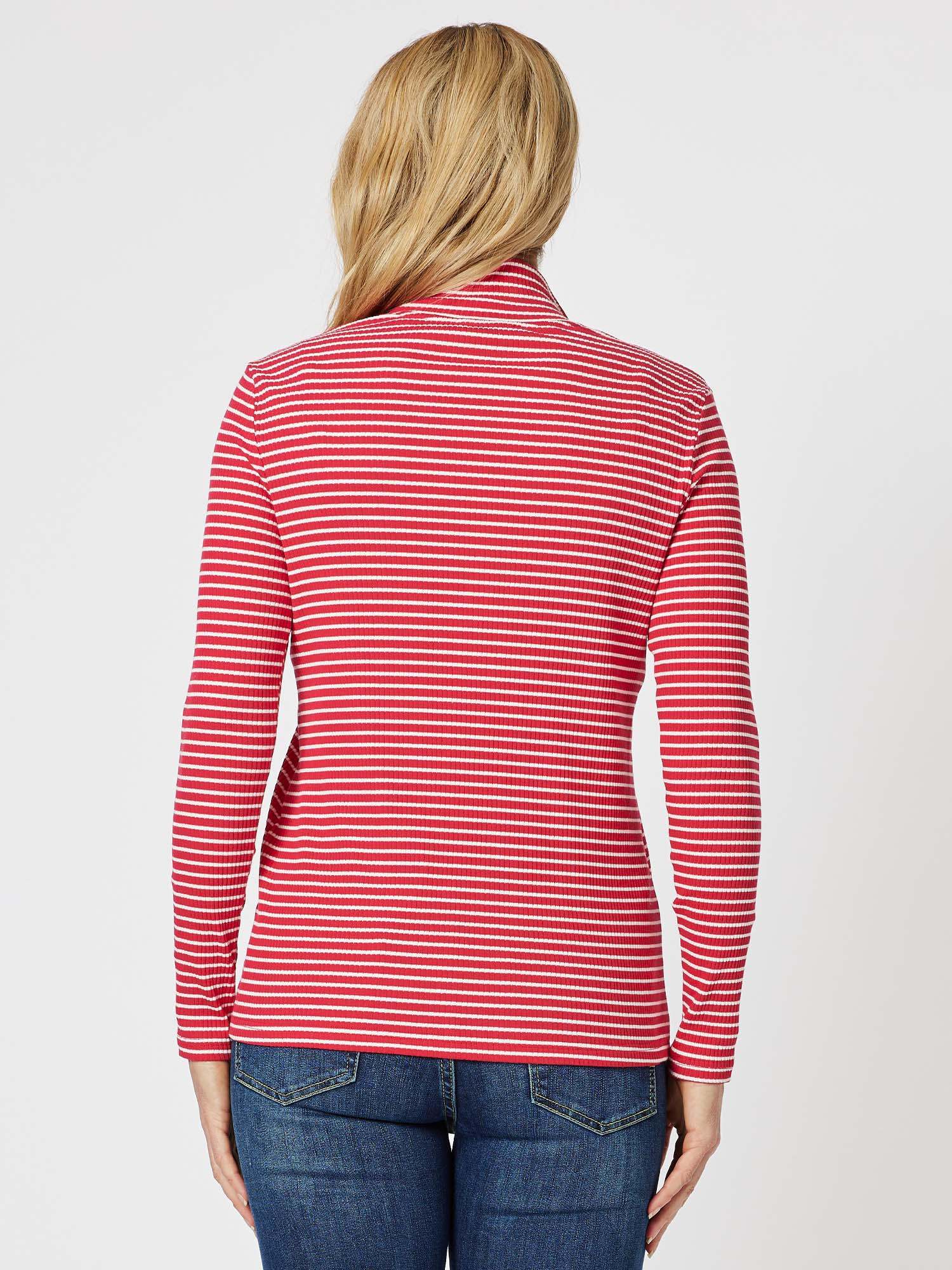 Stripe Snap Detail Long Sleeve Top - Red