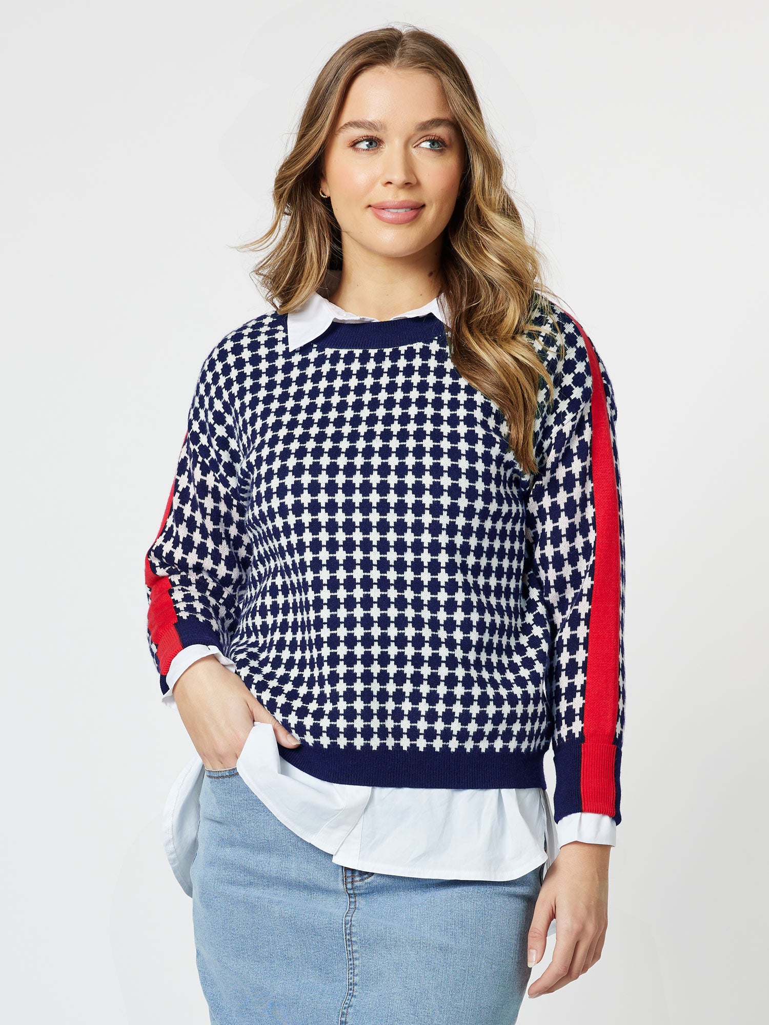 Hope Contrast Knit Top Top - Navy/Red