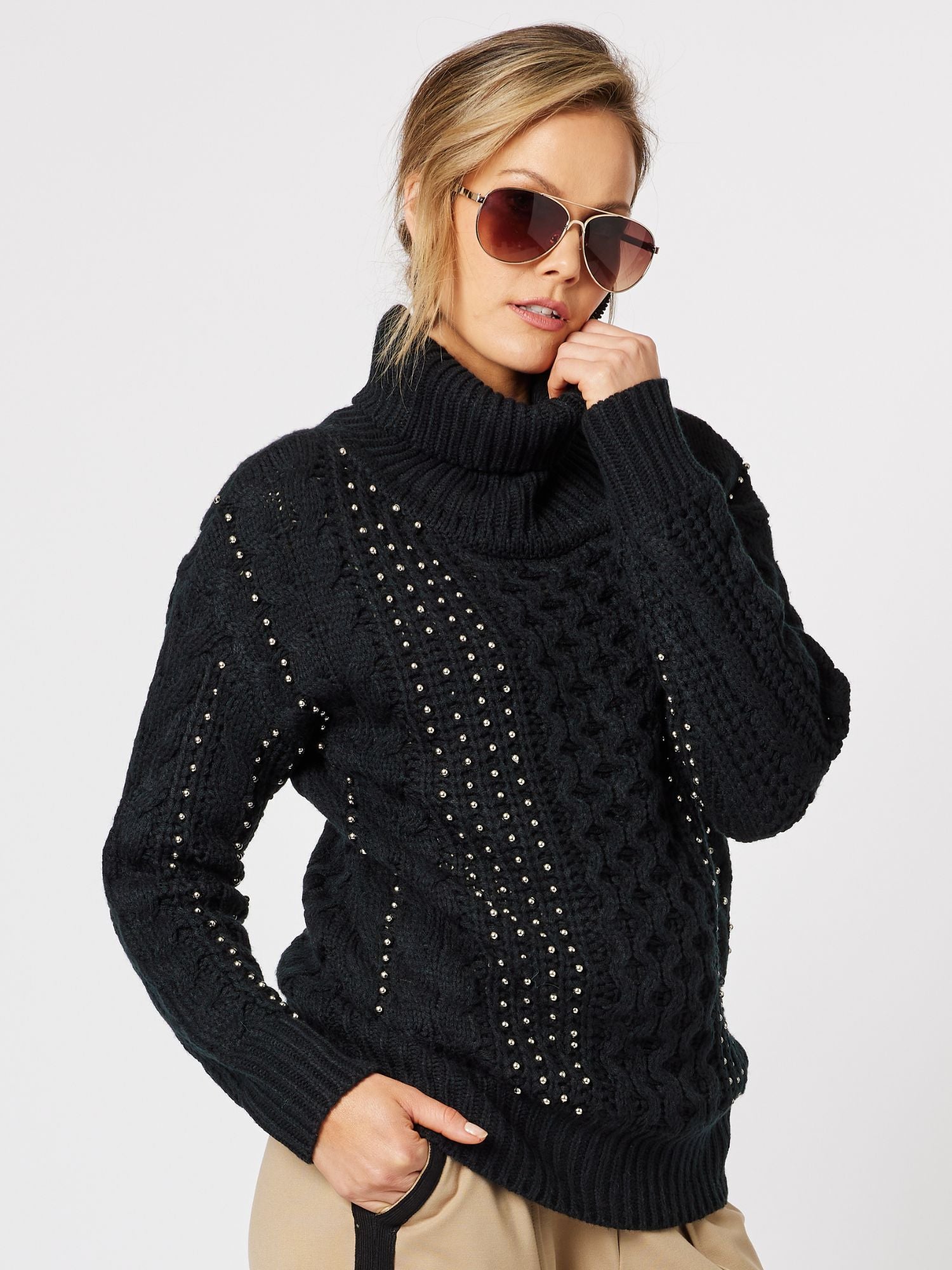 Lulu Metallic Bead Chunky Knit Top Jumper - Black