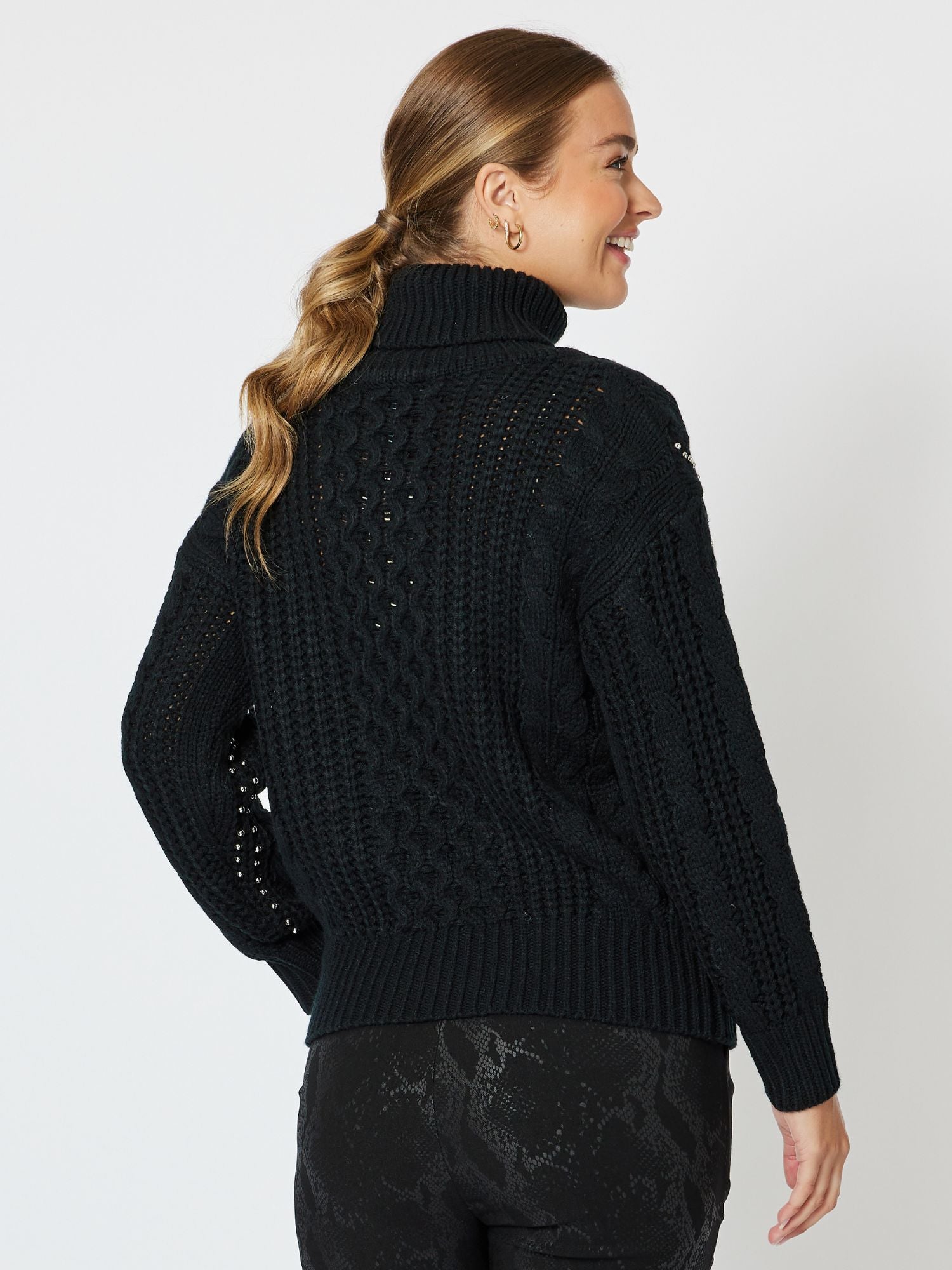 Lulu Metallic Bead Chunky Knit Top Jumper - Black