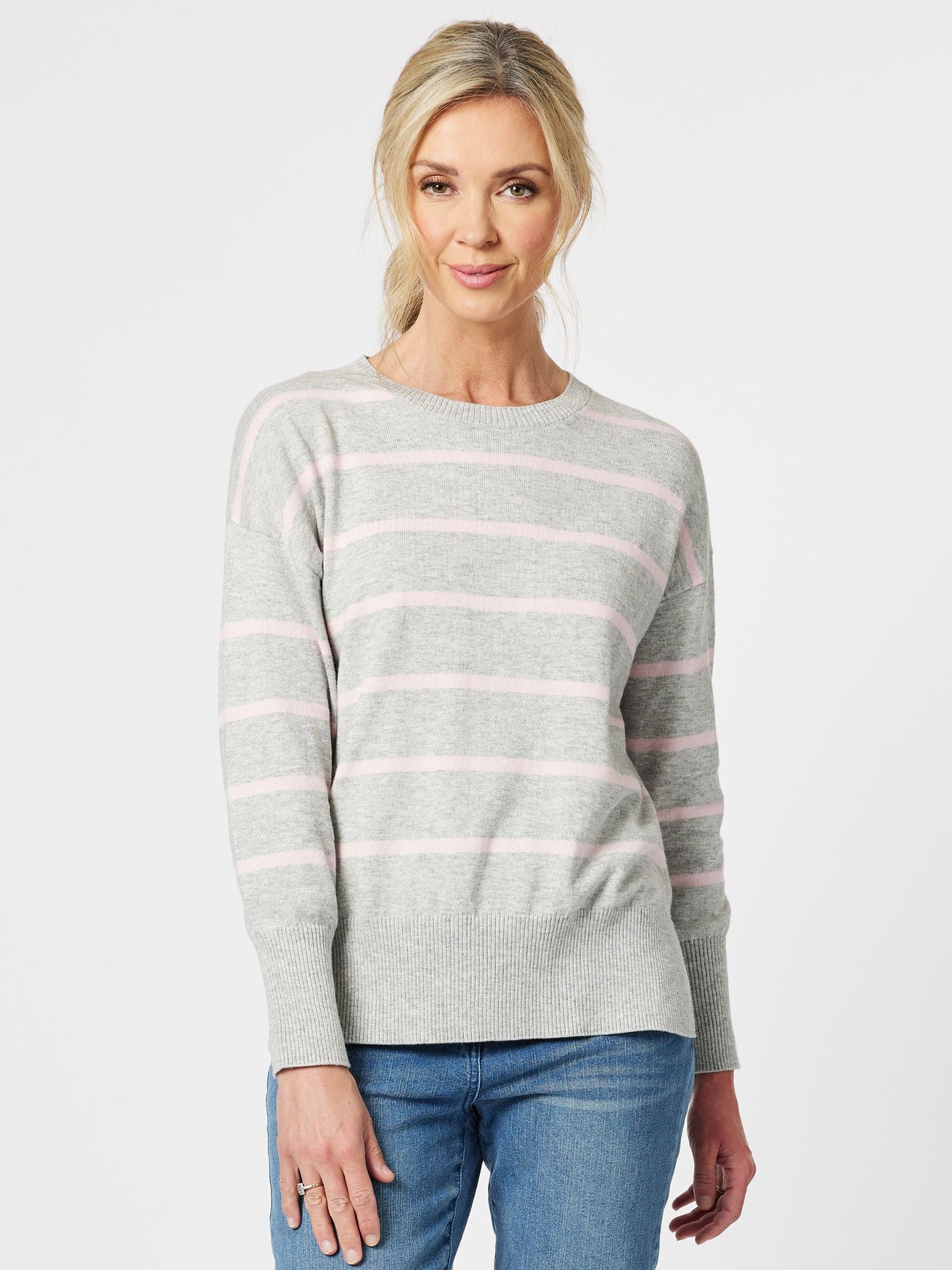 Mossman Stripe Crew Neck Knit Top - Silver