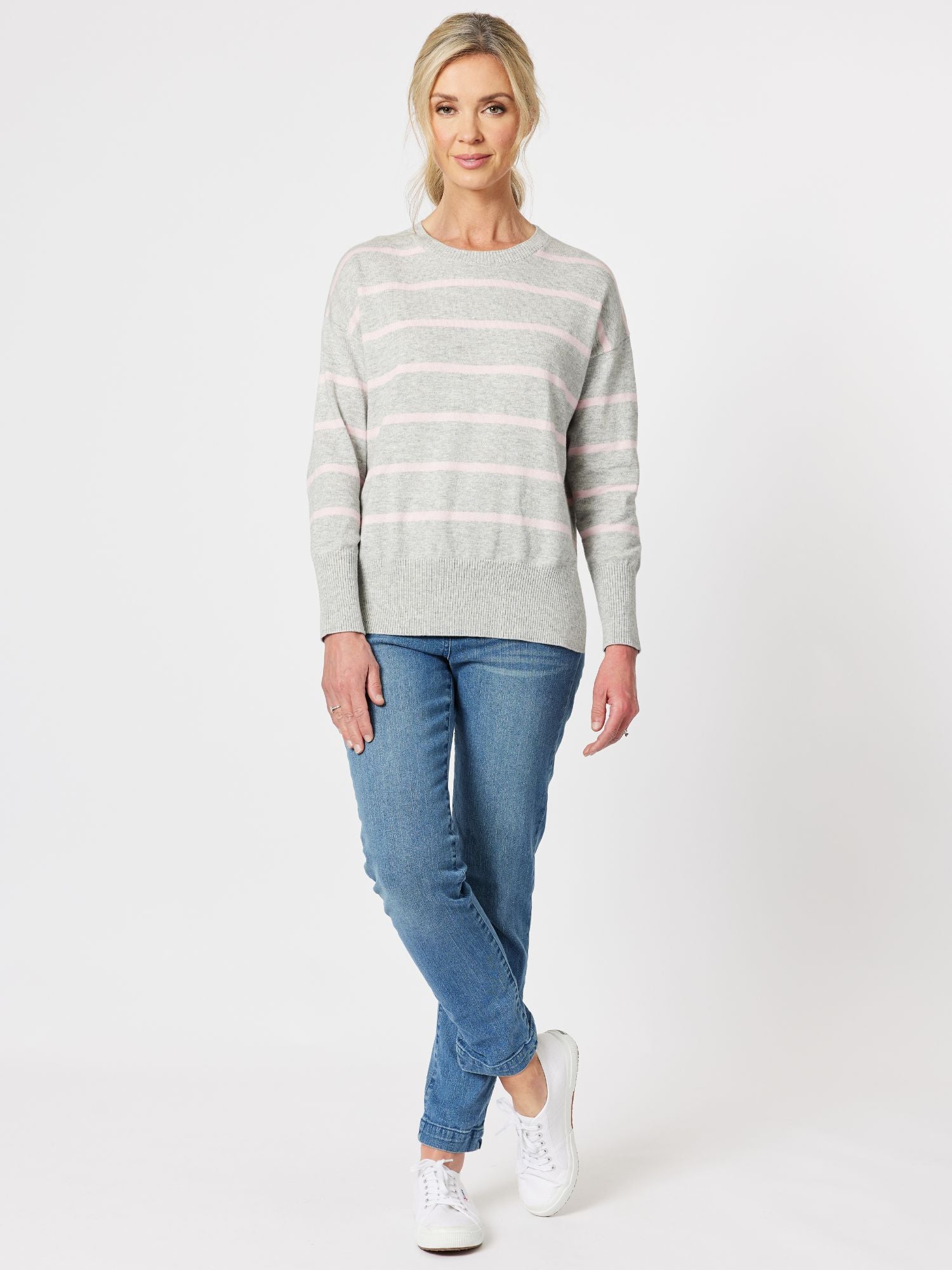 Mossman Stripe Crew Neck Knit Top - Silver