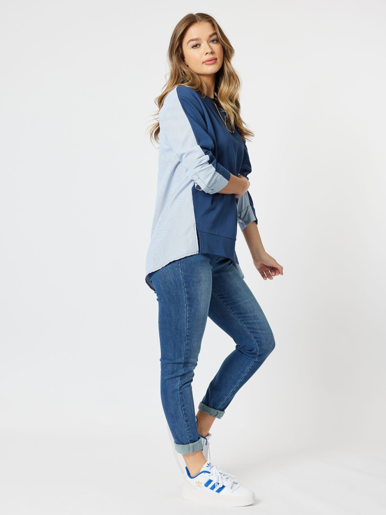 Stripe Back High Lo Sweatshirt - Denim