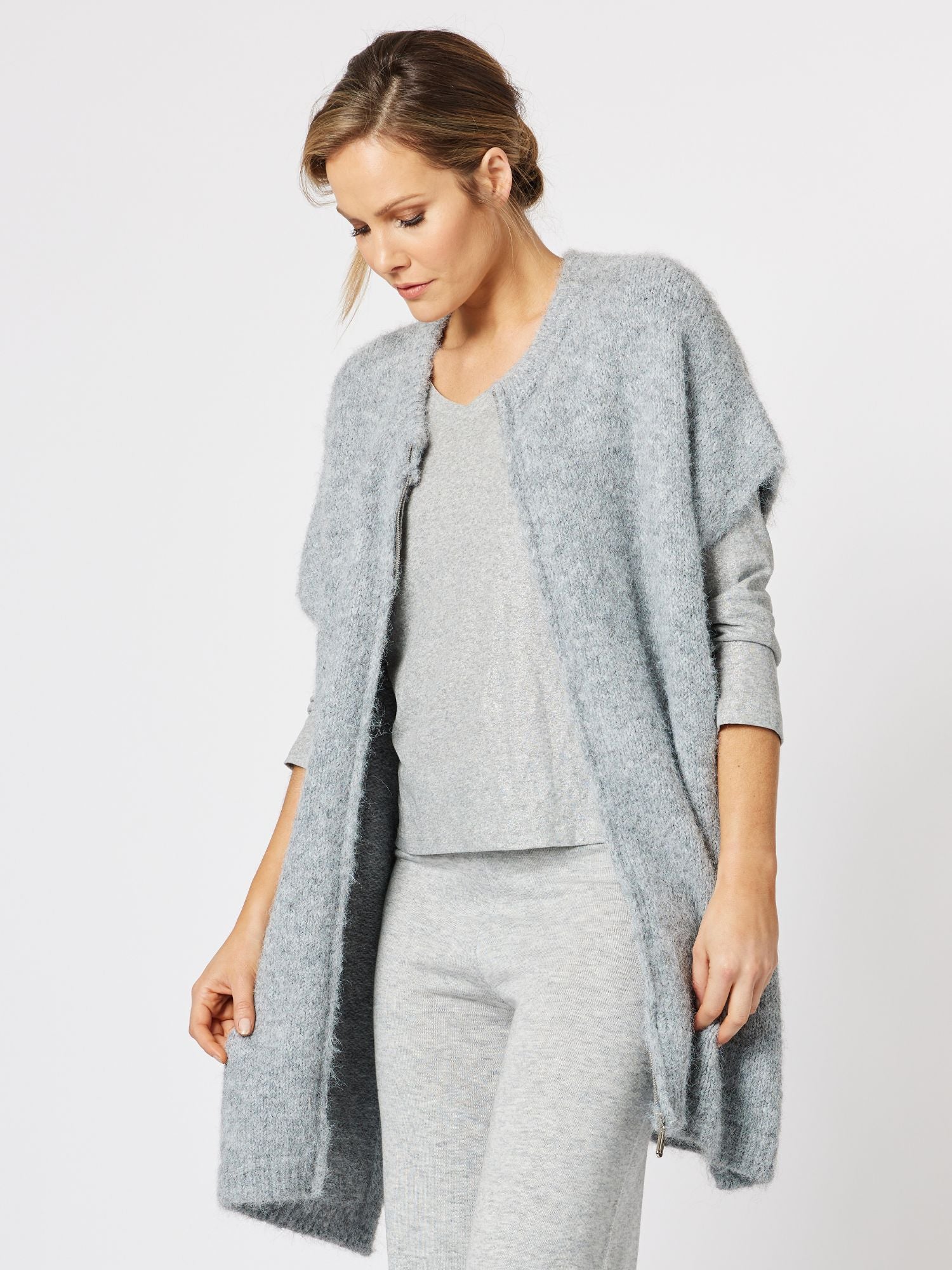 Verona Zip Through Relaxed Knit Top Vest - Silver