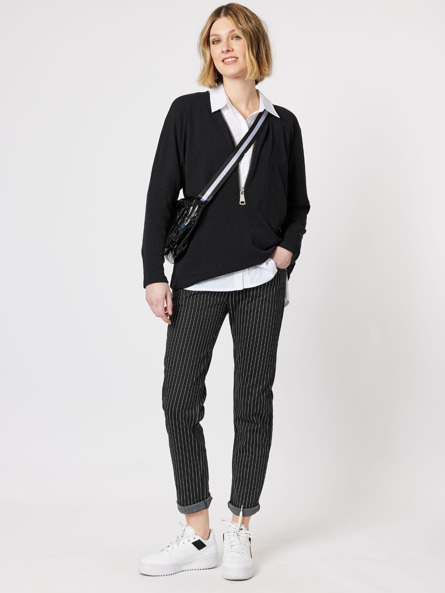 Batwing Zip Detail Knit Top - Black