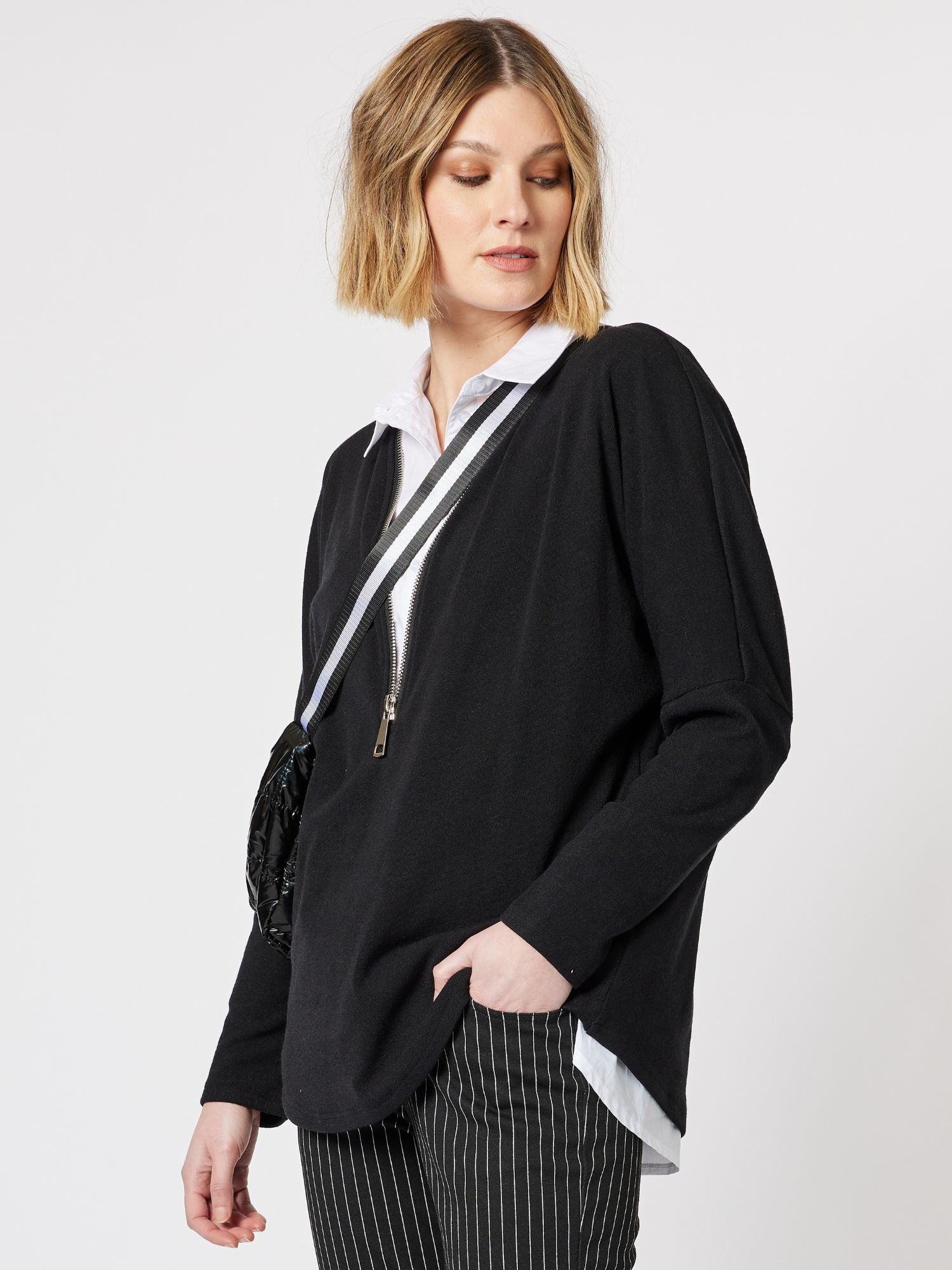Batwing Zip Detail Knit Top - Black