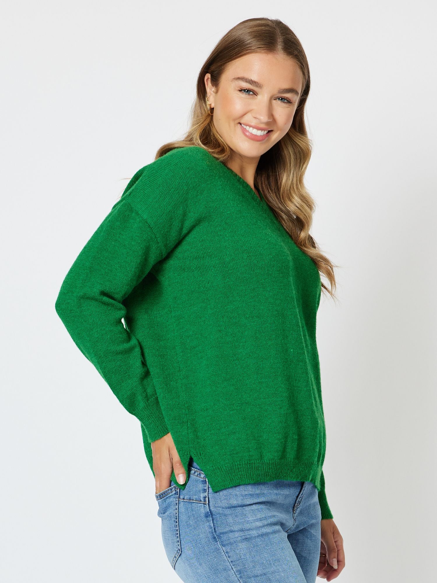 Valerie V neck Knit Top Jumper - Emerald