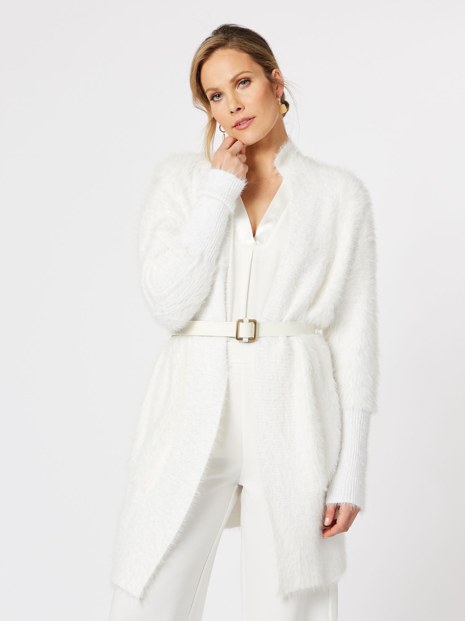 Feather Knit Top 2 Way Cardigan - Winter White