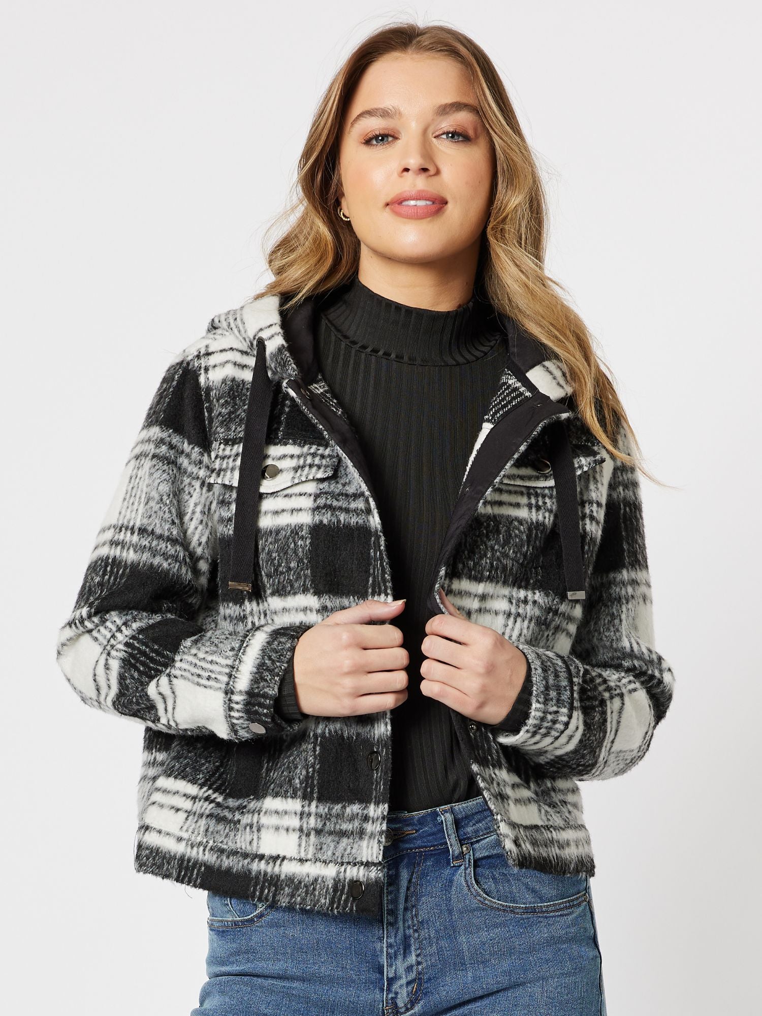 Check Melton Hooded Jacket - Black