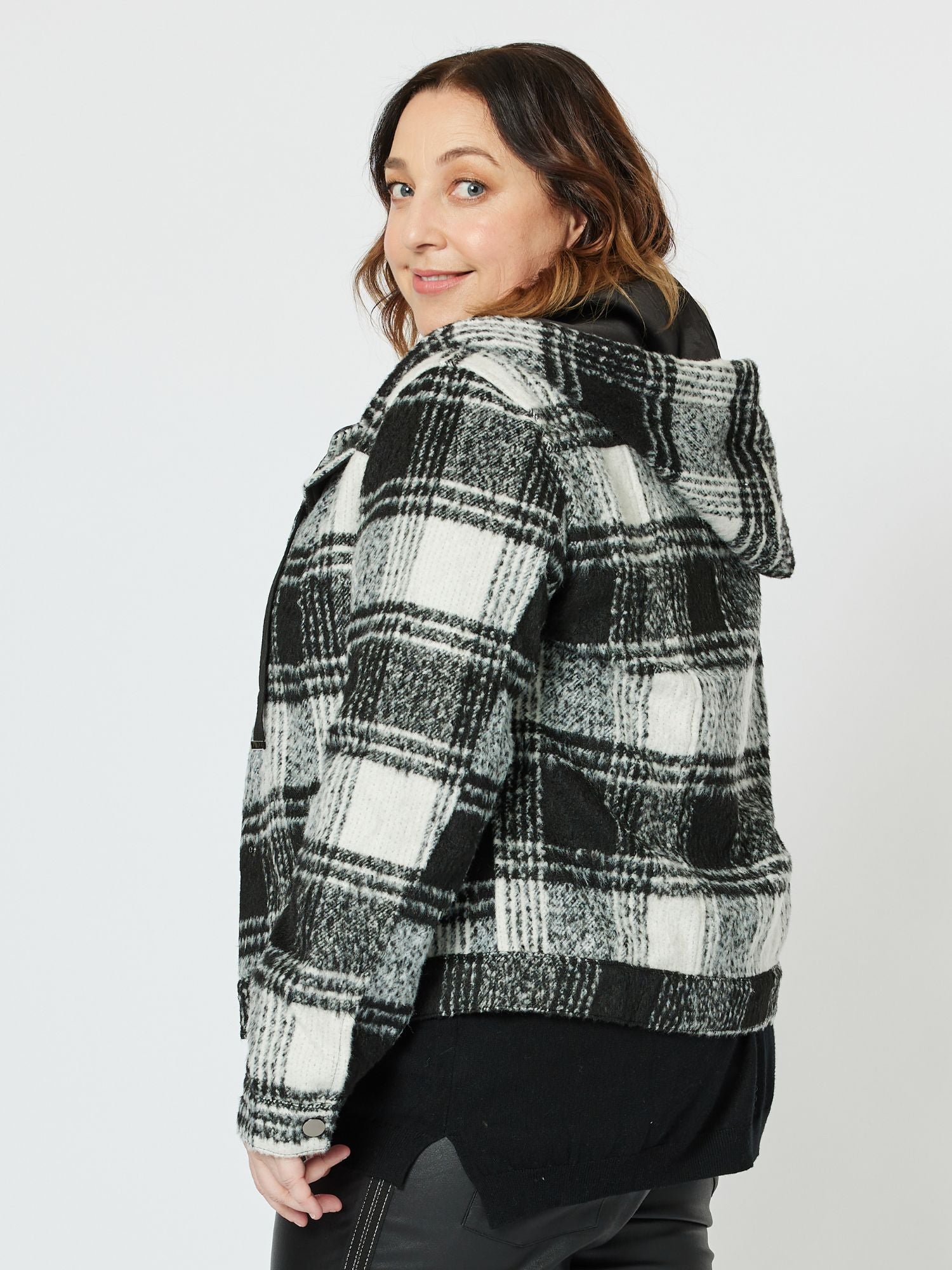 Check Melton Hooded Jacket - Black