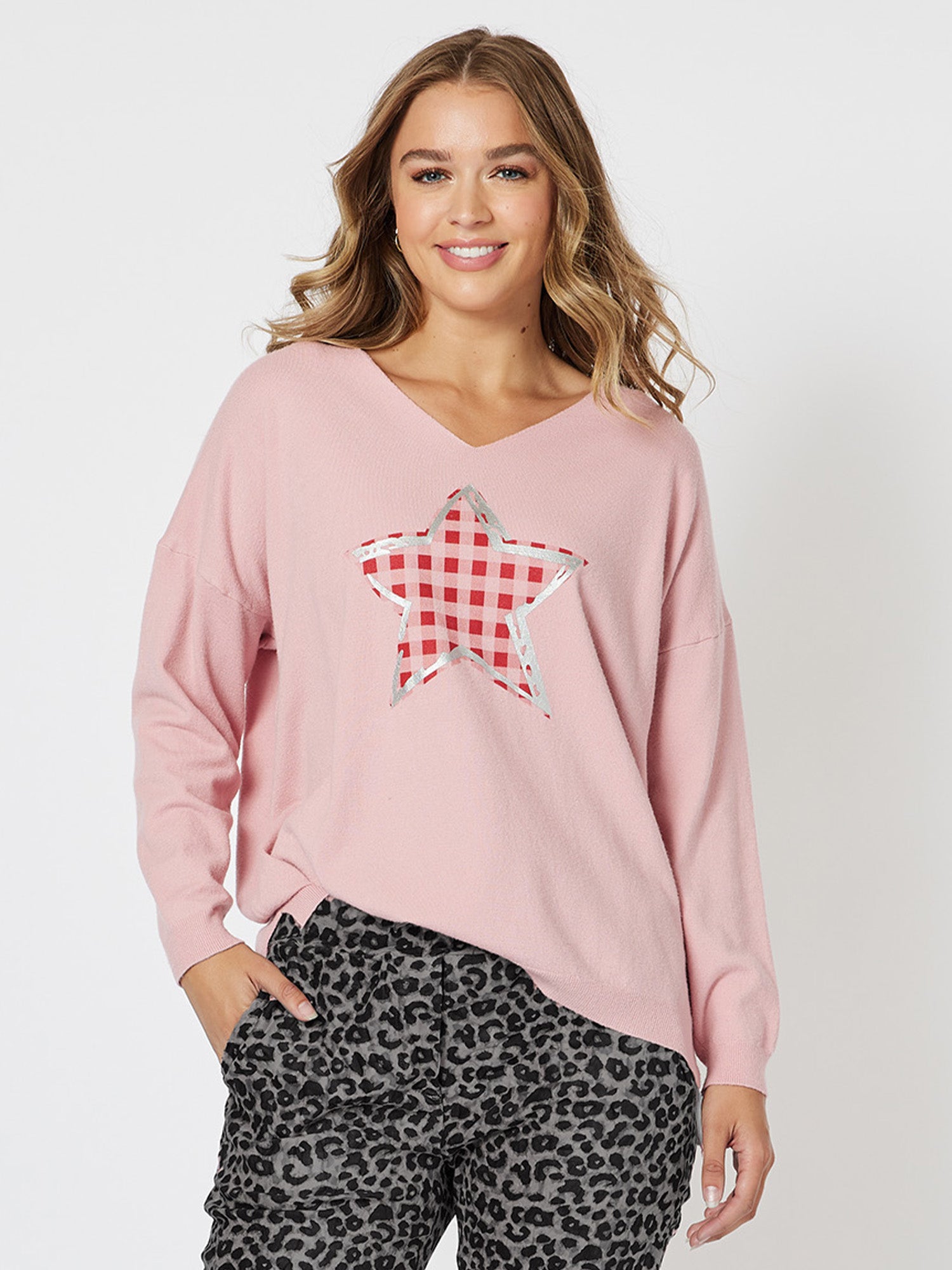 Star V neck Knit Top - Rose