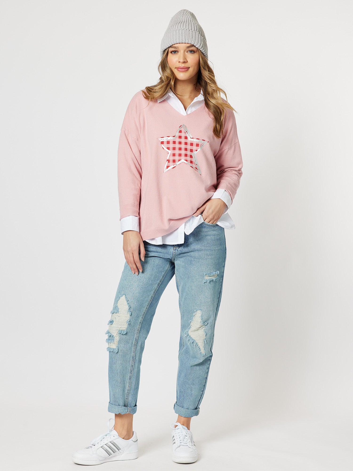Star V neck Knit Top - Rose