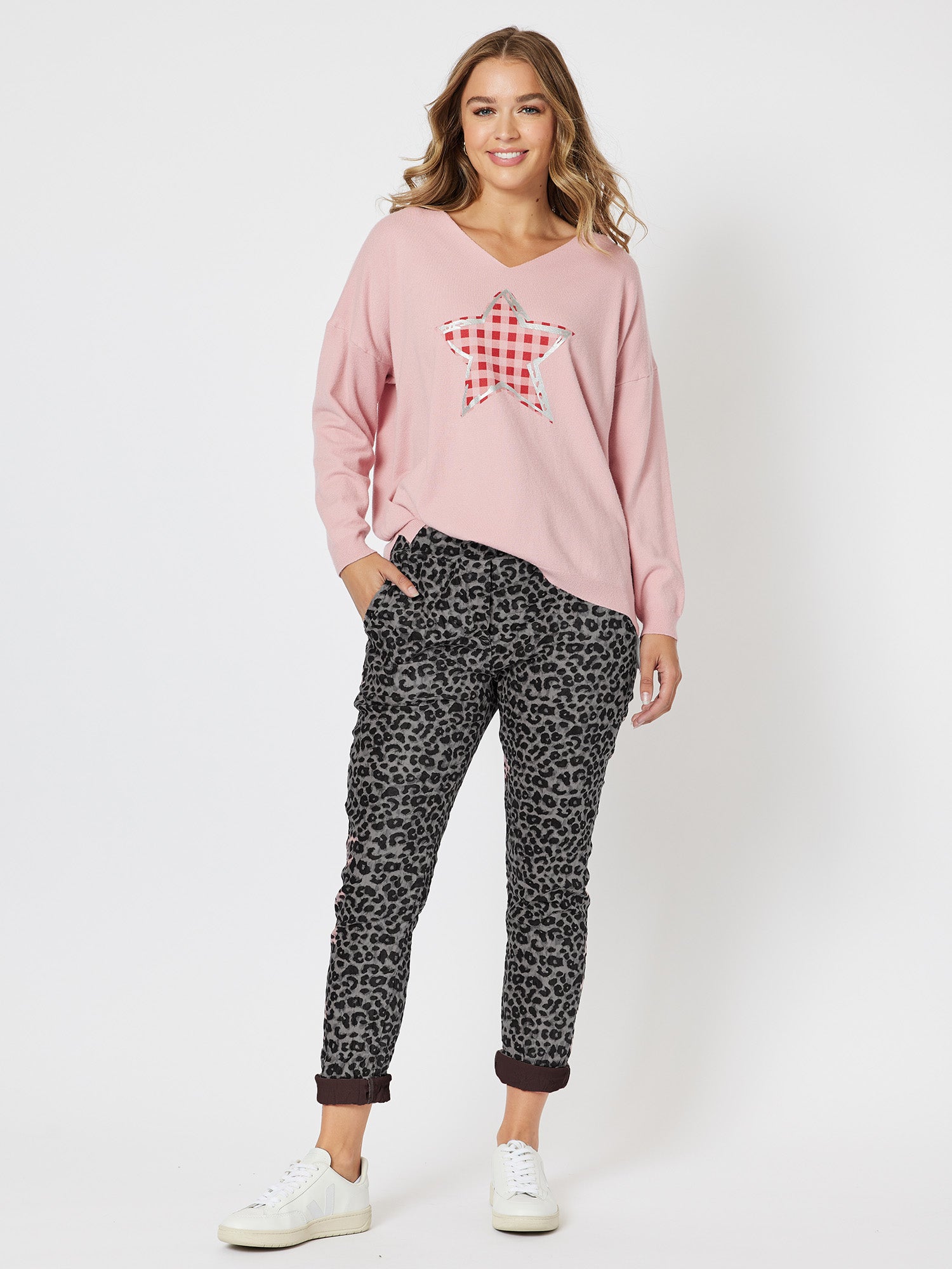 Star V neck Knit Top - Rose