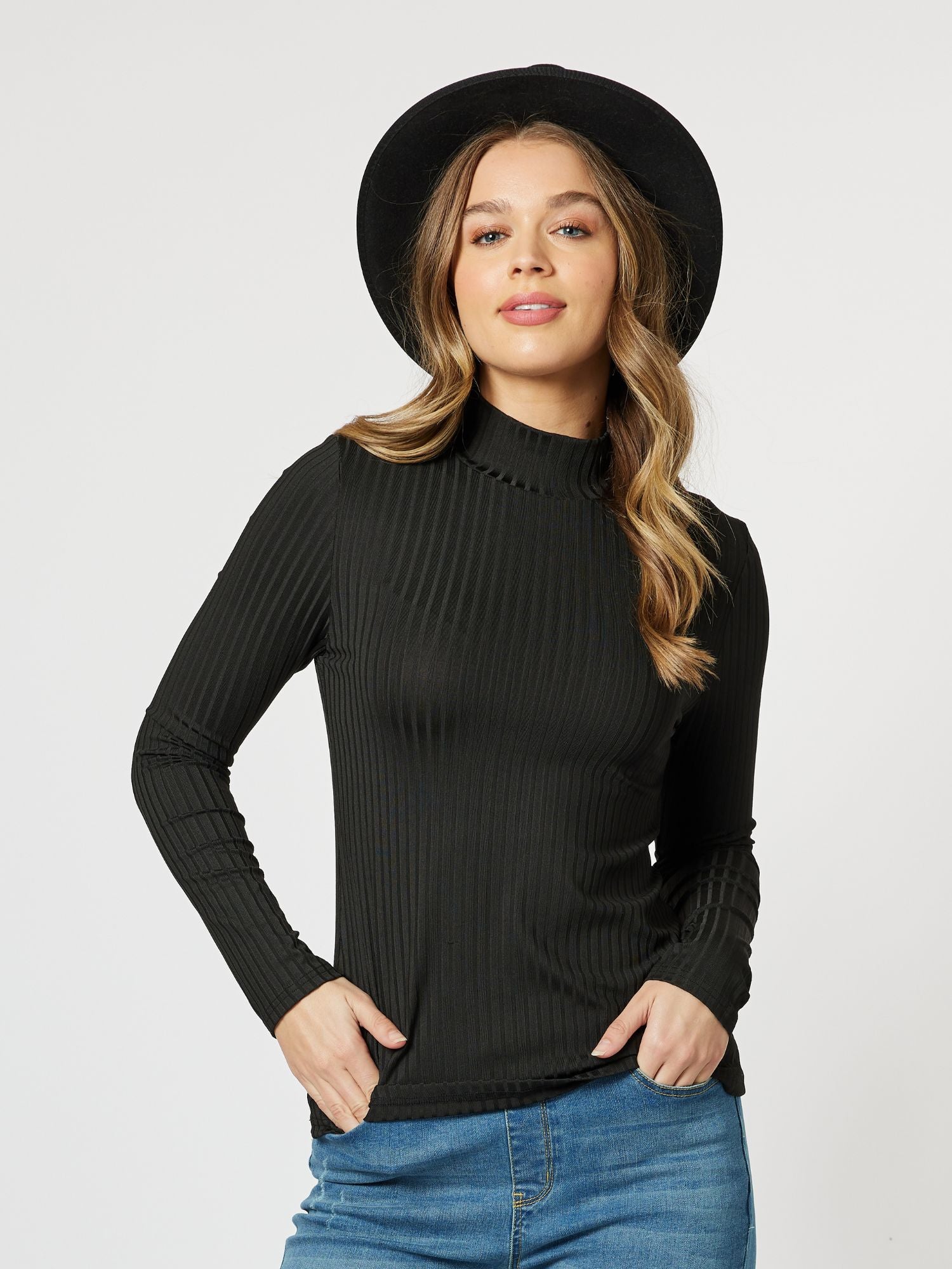 Courtney Mock Neck Skivvy Top - Black