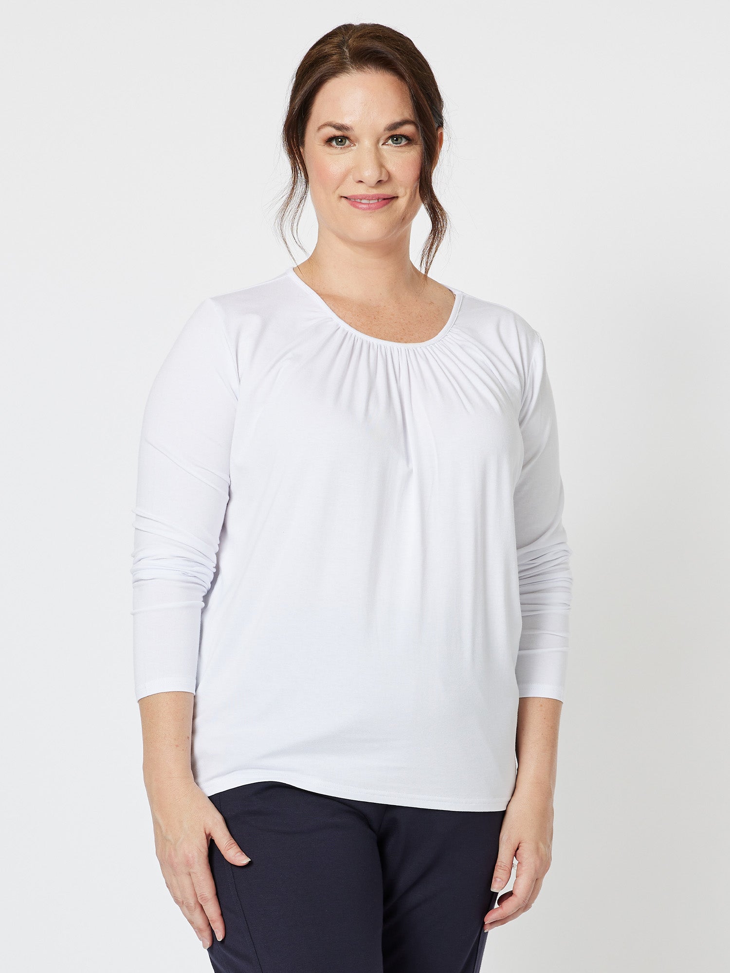Gather Neck Jersey Long Sleeve Top - White
