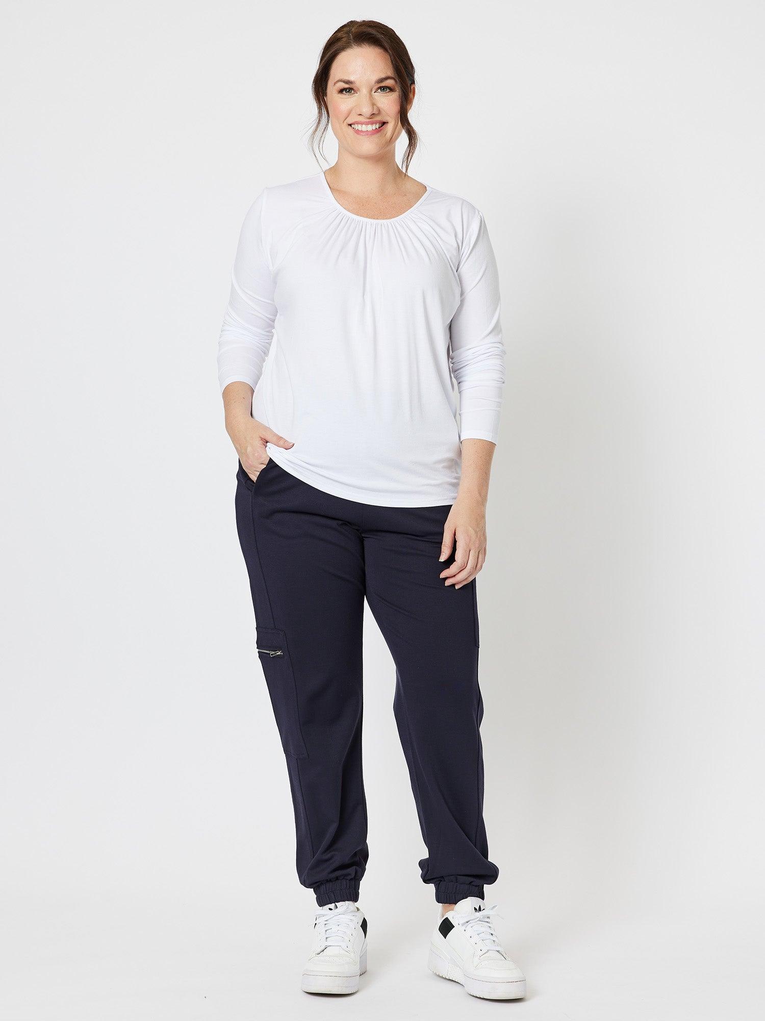 Gather Neck Jersey Long Sleeve Top - White