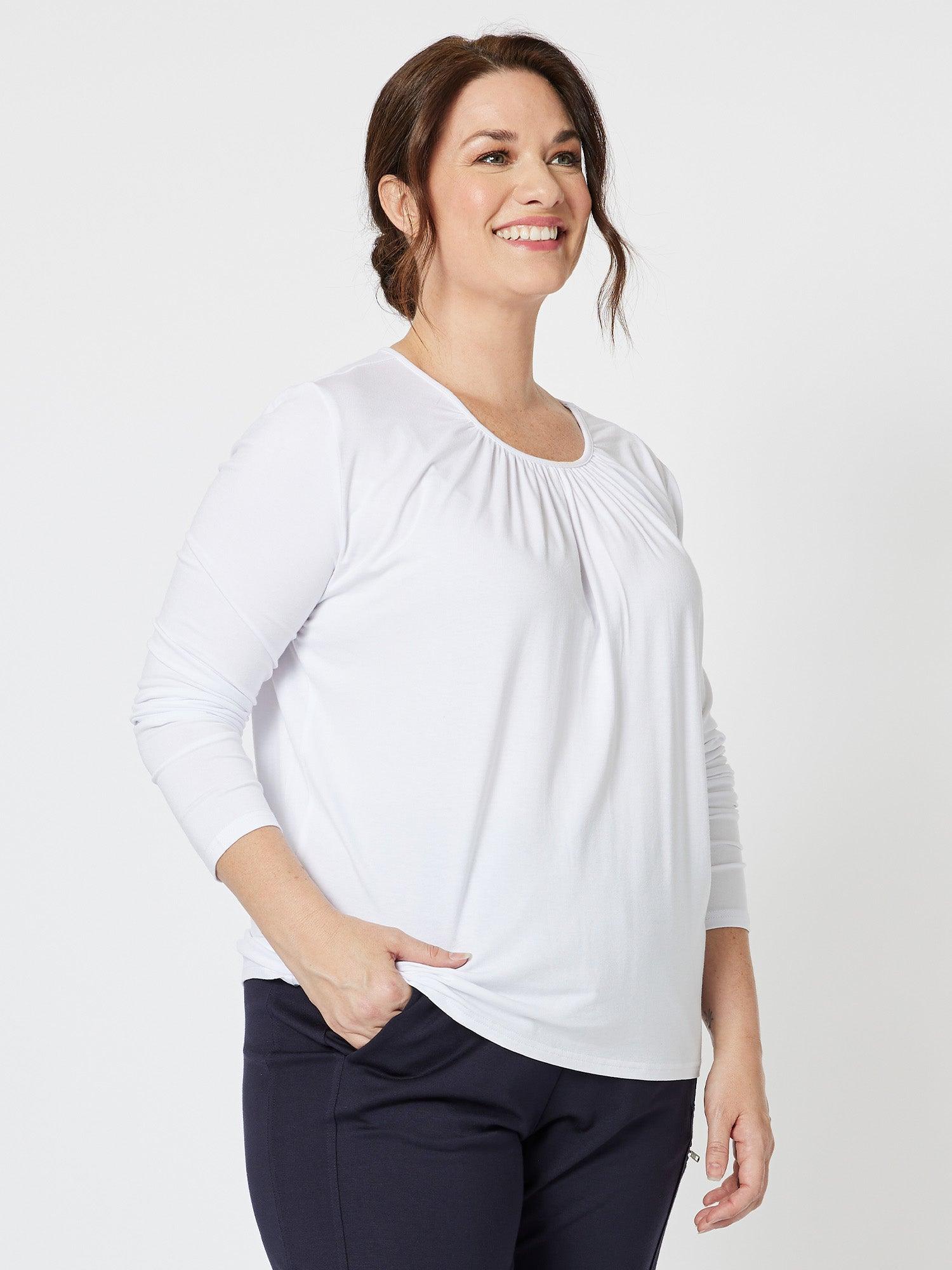 Gather Neck Jersey Long Sleeve Top - White