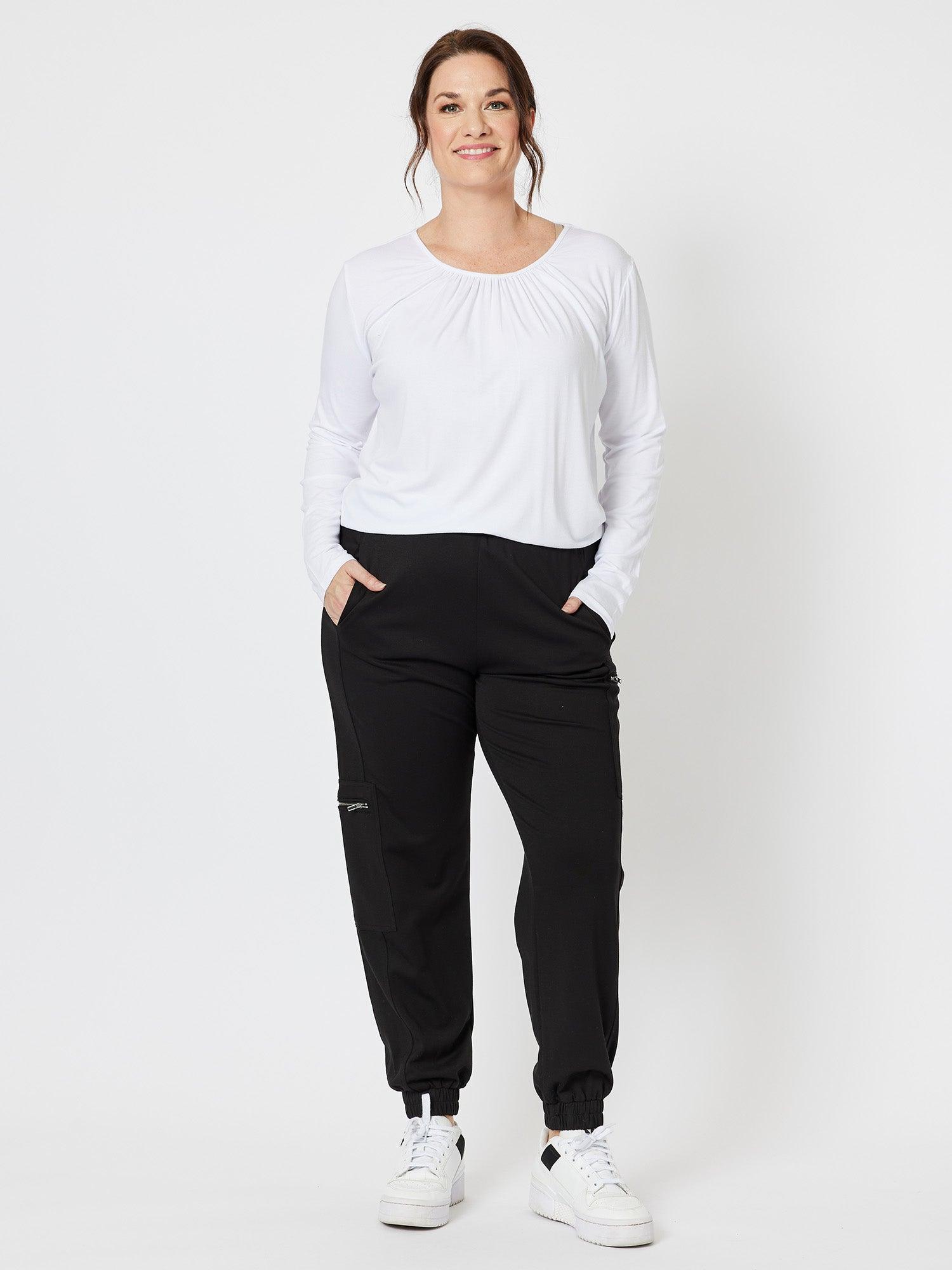 Gather Neck Jersey Long Sleeve Top - White