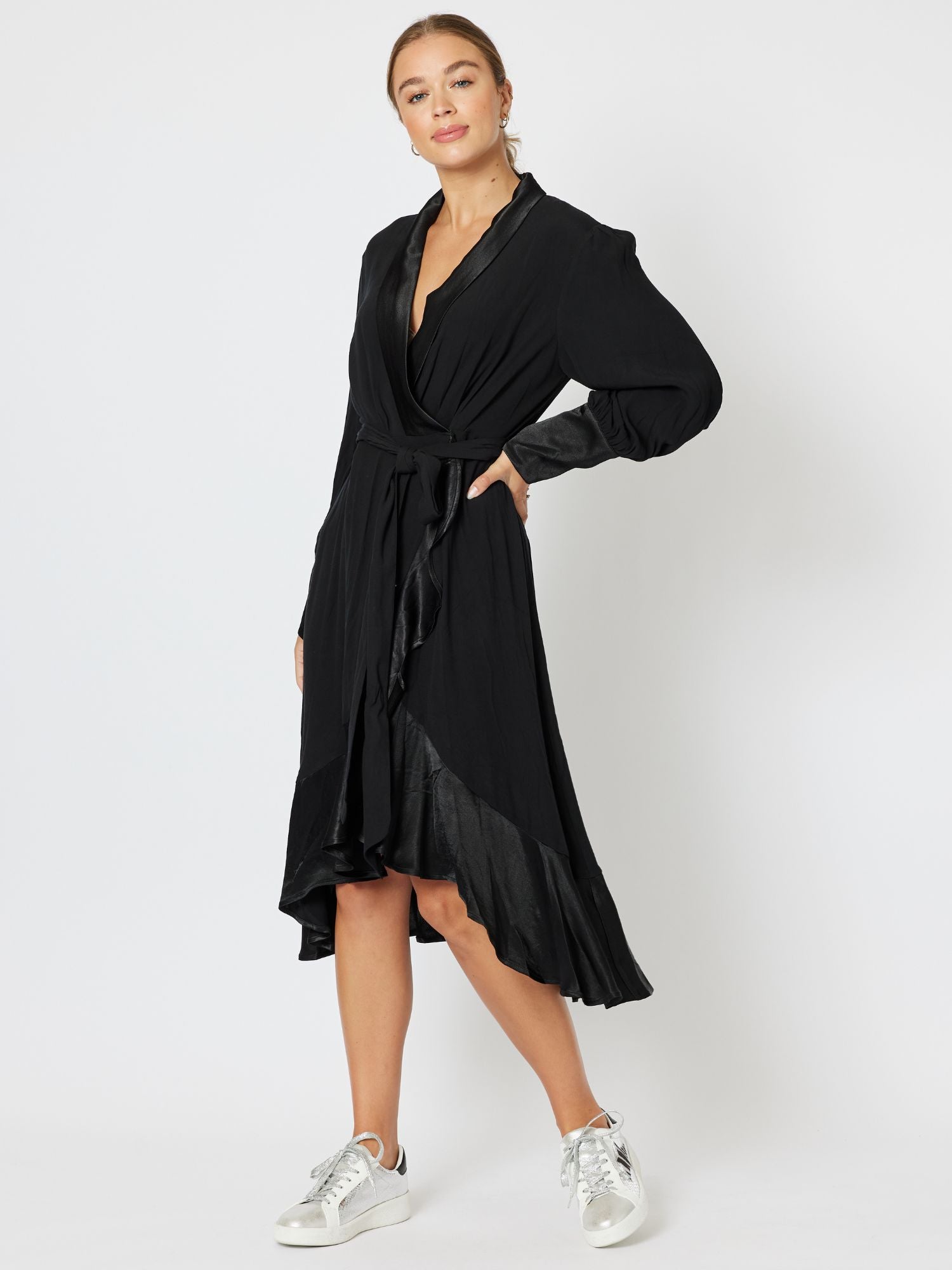 Tuxedo Satin Wrap Dress - Black