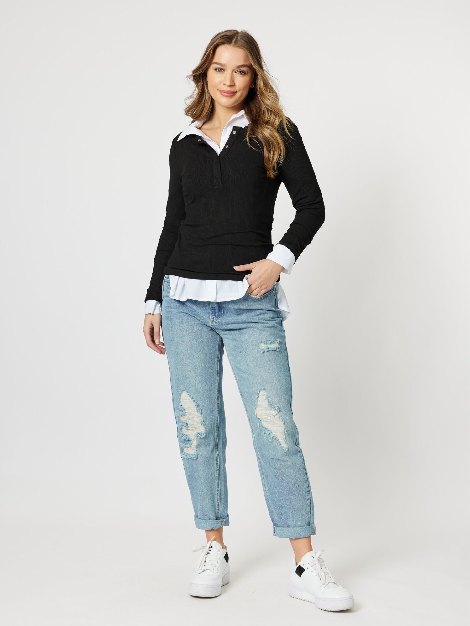 Henley Rib Long Sleeve Top - Black