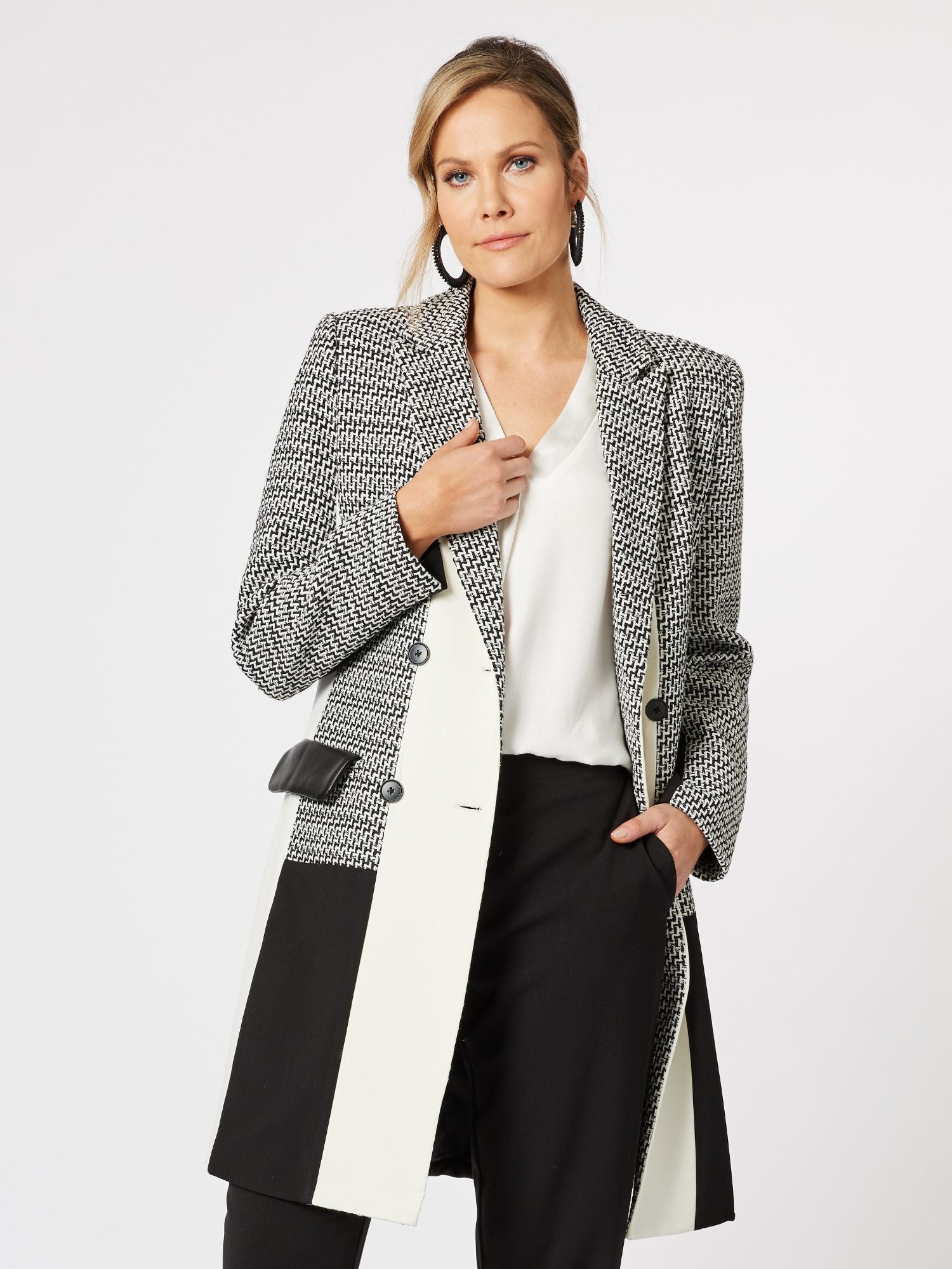 Tweed Spliced Longline Jacket - Black/Ivory