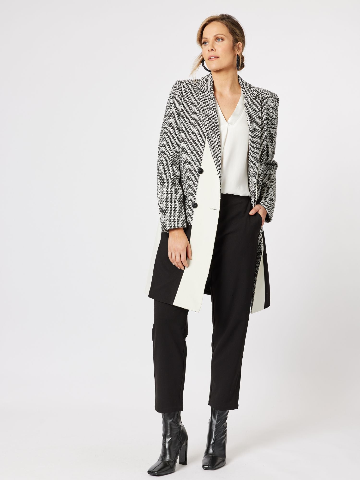 Tweed Spliced Longline Jacket - Black/Ivory