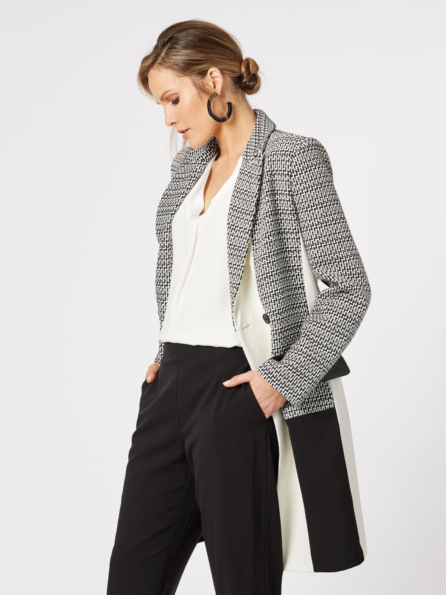 Tweed Spliced Longline Jacket - Black/Ivory