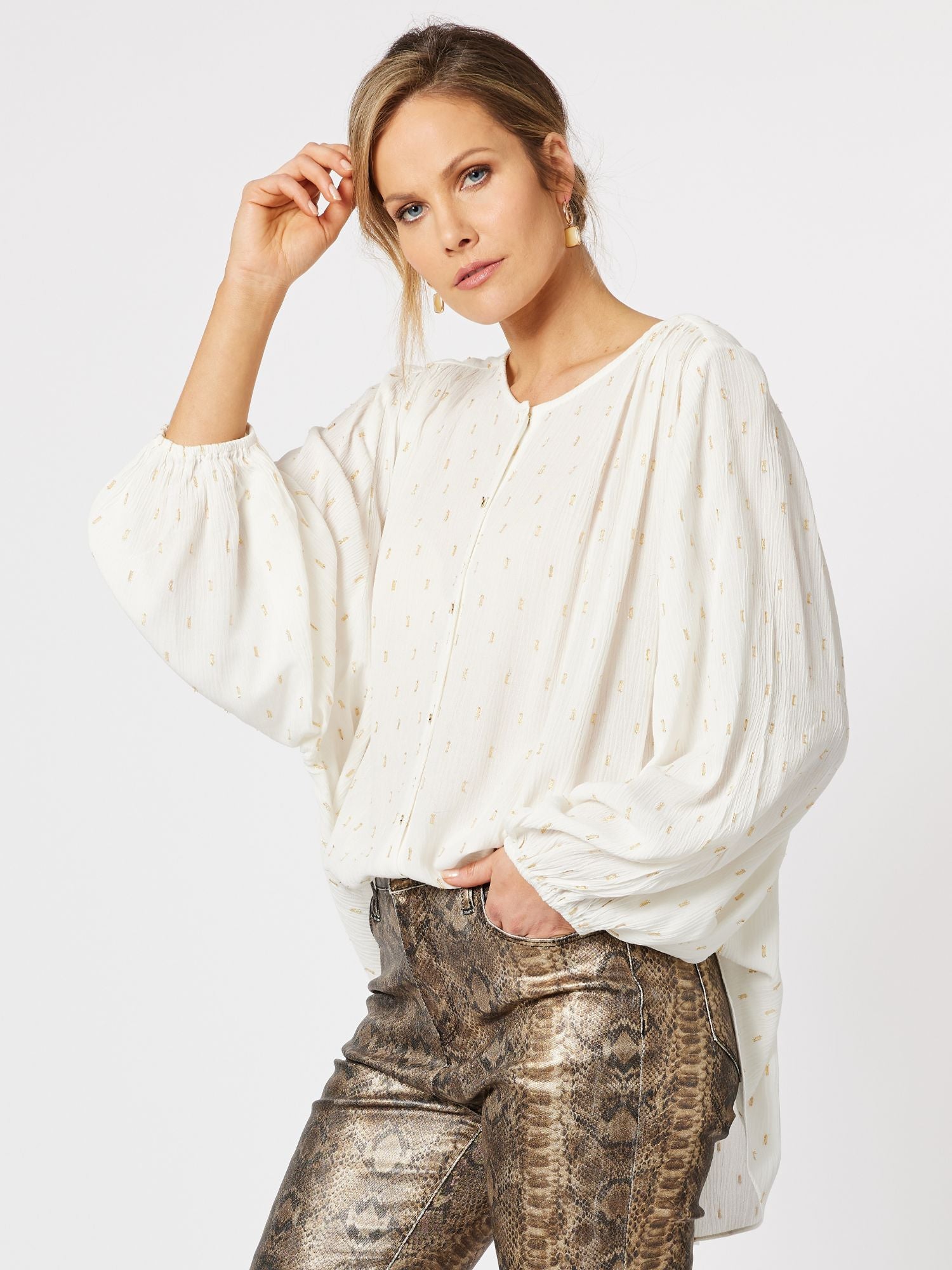 Taylor Spot Collarless Shirt - White