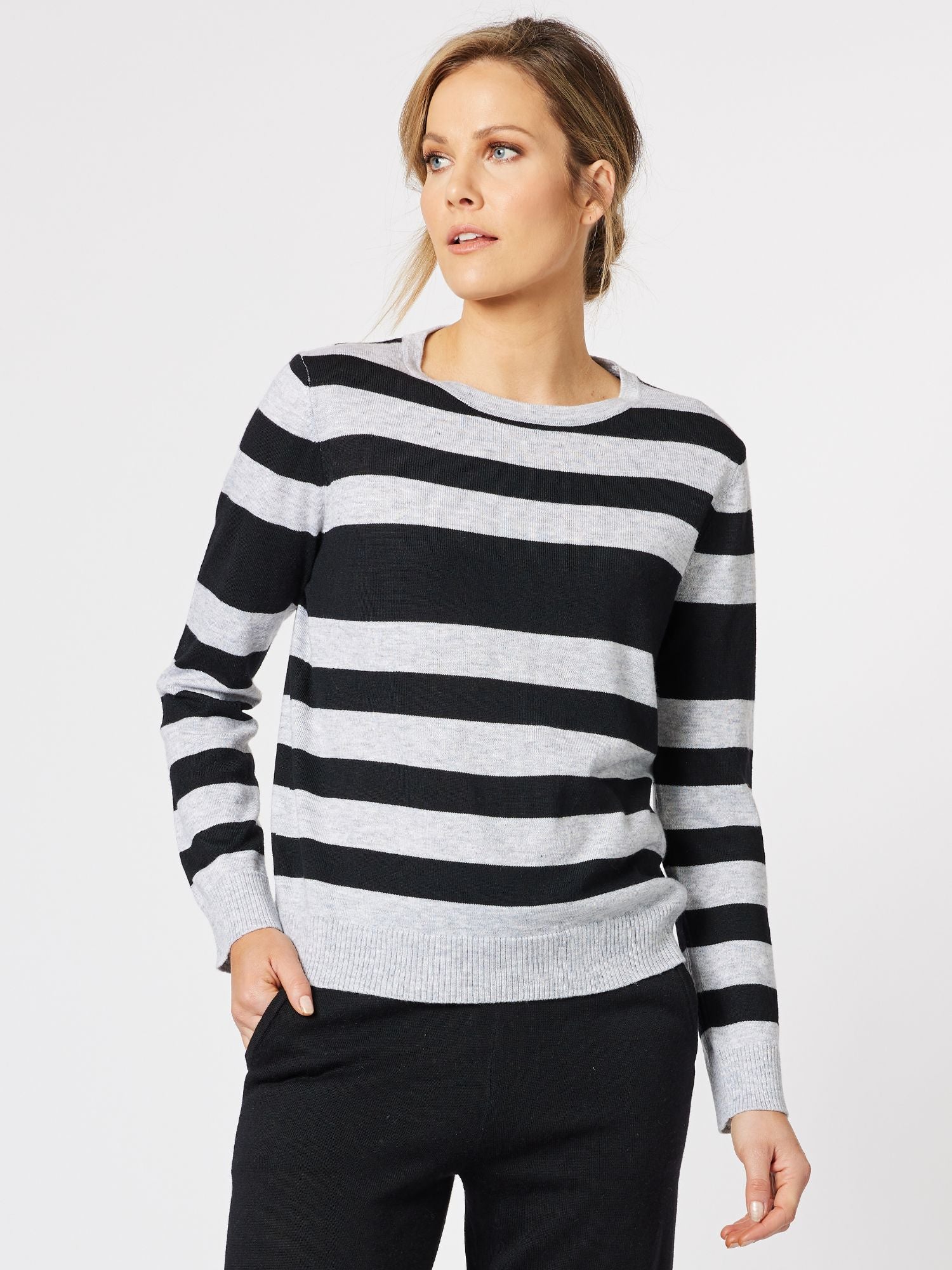 Vienna Cashmere Blend Stripe Crew Top - Silver