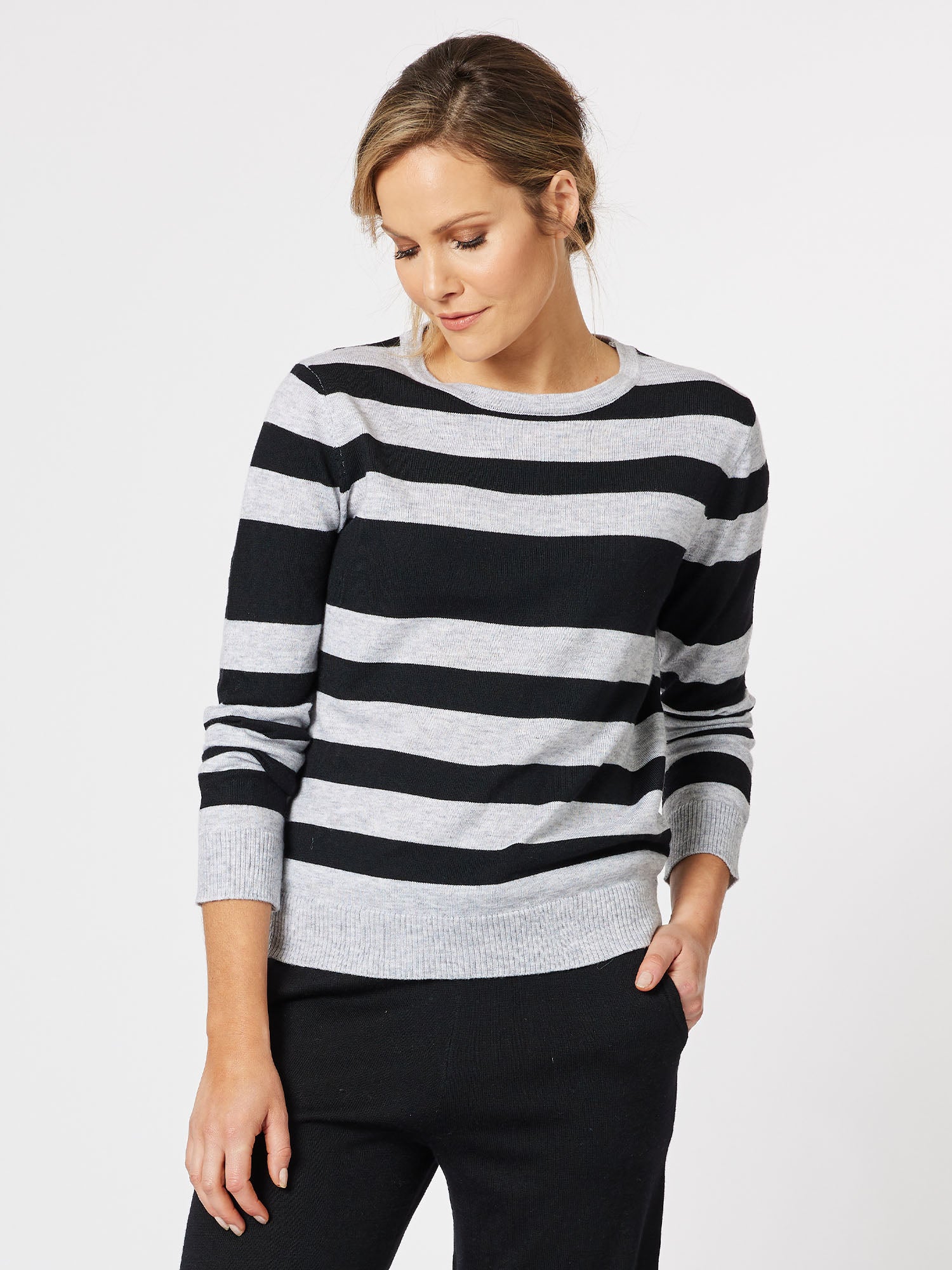 Vienna Cashmere Blend Stripe Crew Top - Silver