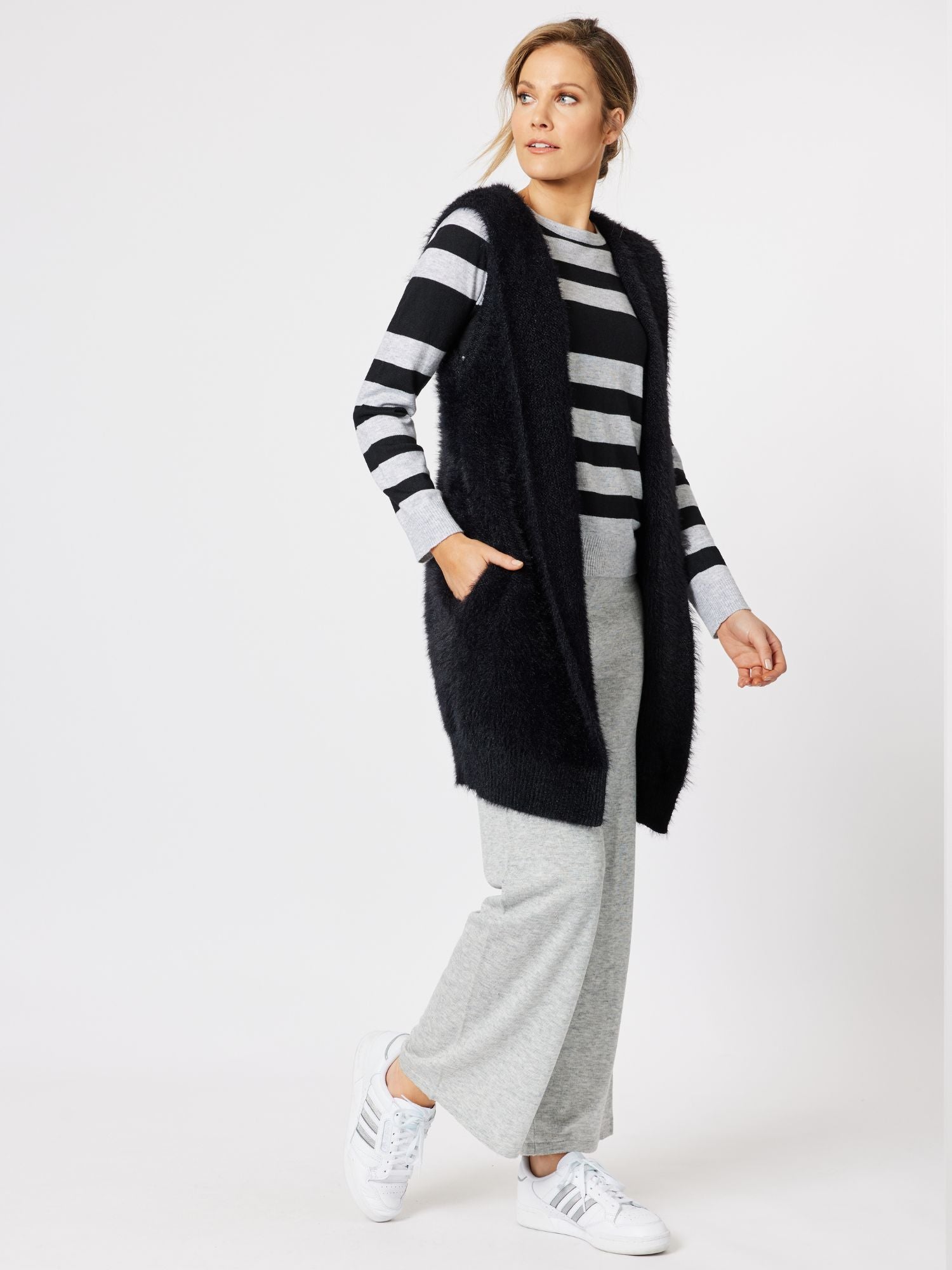Vienna Cashmere Blend Stripe Crew Top - Silver