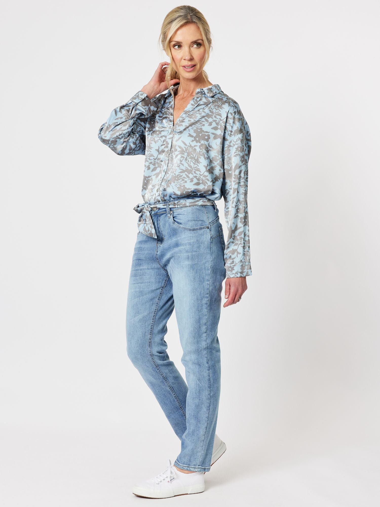 Susie Floral Shirt With Belt - Ice Blue