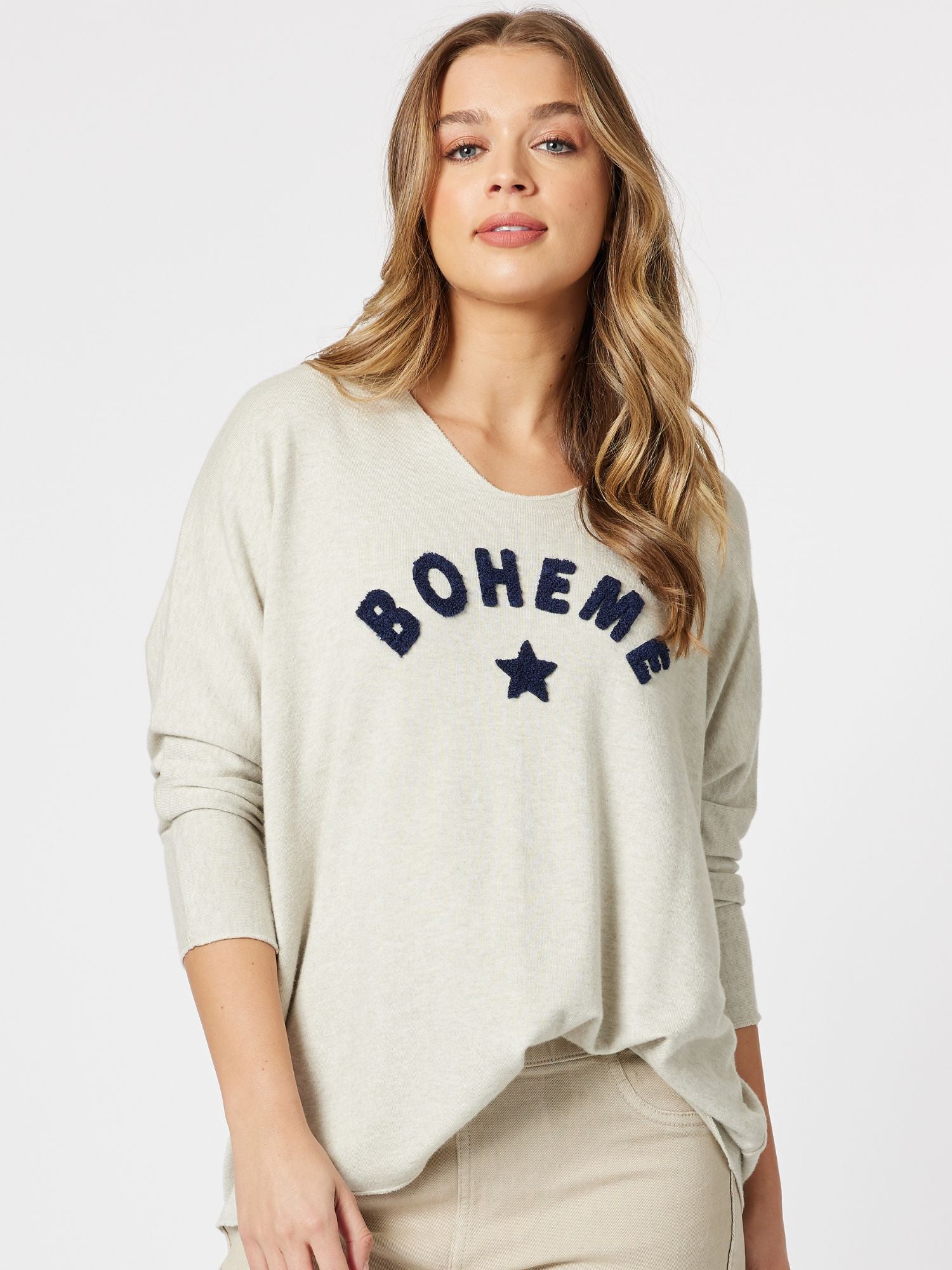 Boheme Relaxed Long Sleeve Knit Top Top - Natural
