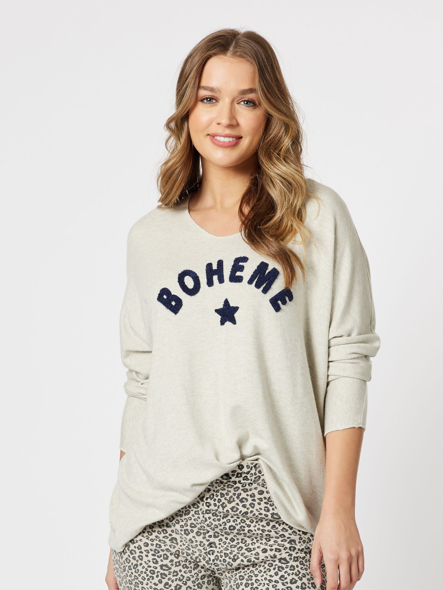 Boheme Relaxed Long Sleeve Knit Top Top - Natural