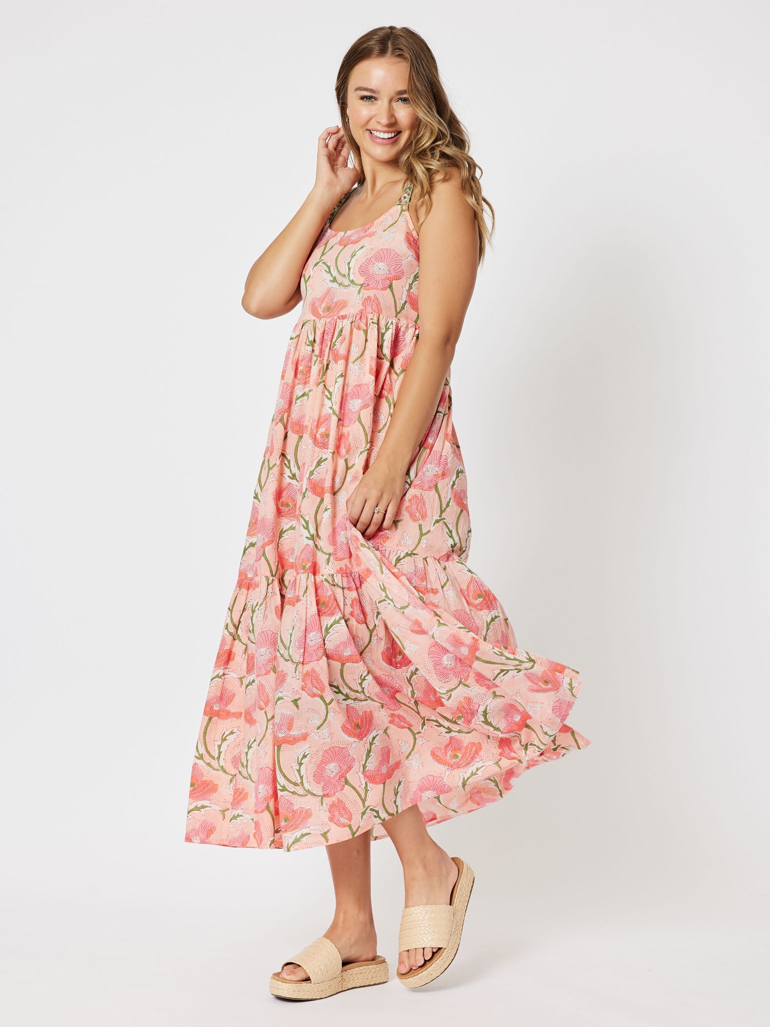 Torquay Cotton Tiered Dress - Coral
