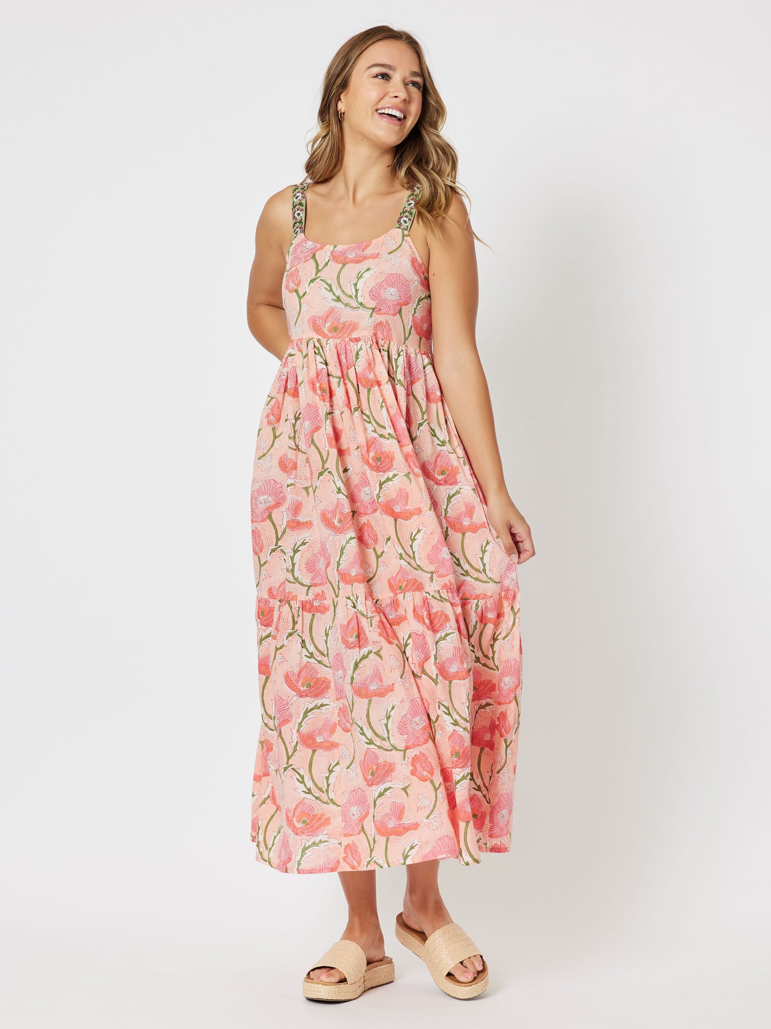 Torquay Cotton Tiered Dress - Coral
