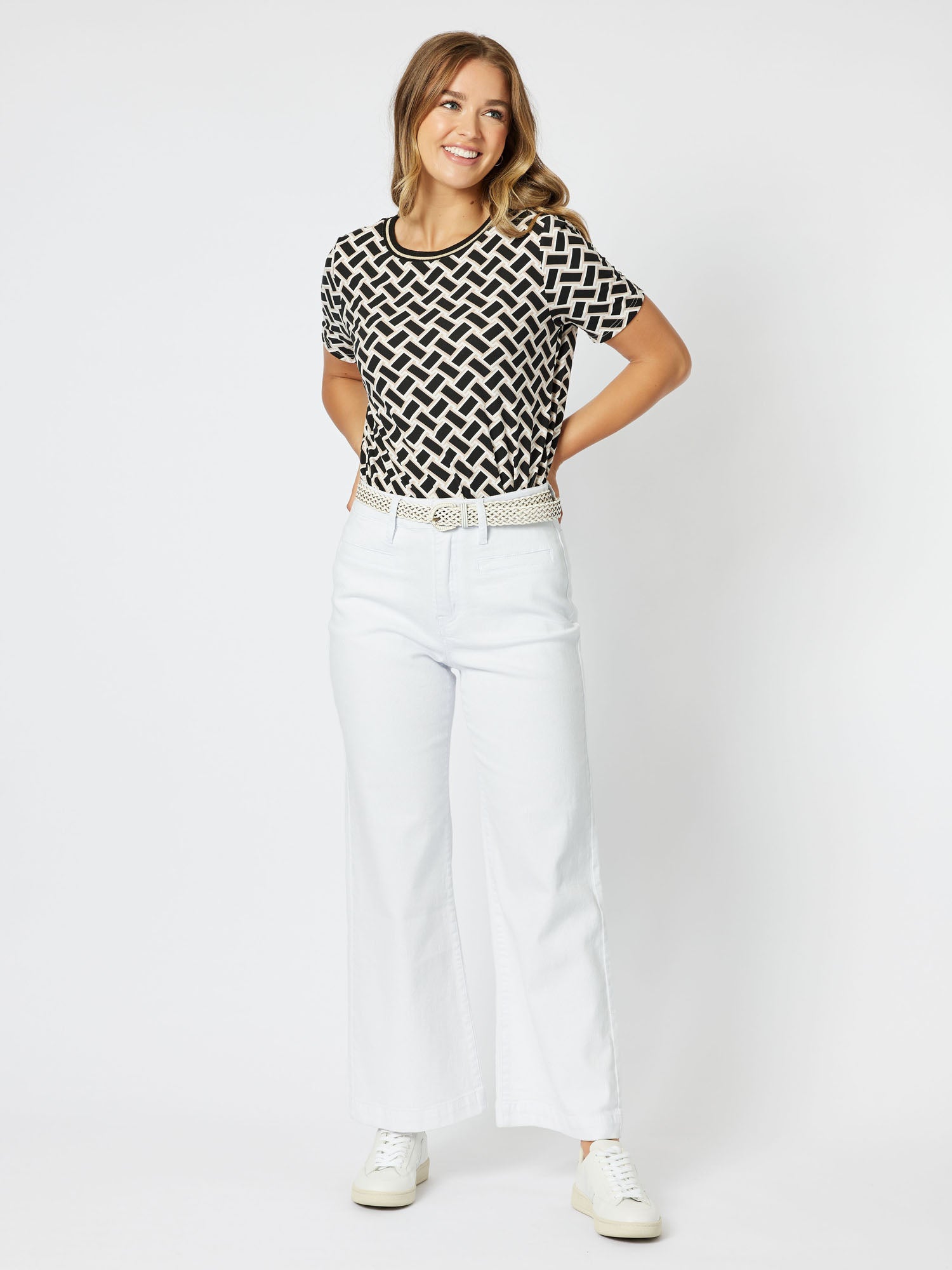 Chevron Knit Top Round Neck Short Sleeve Tshirt - Black/Stone