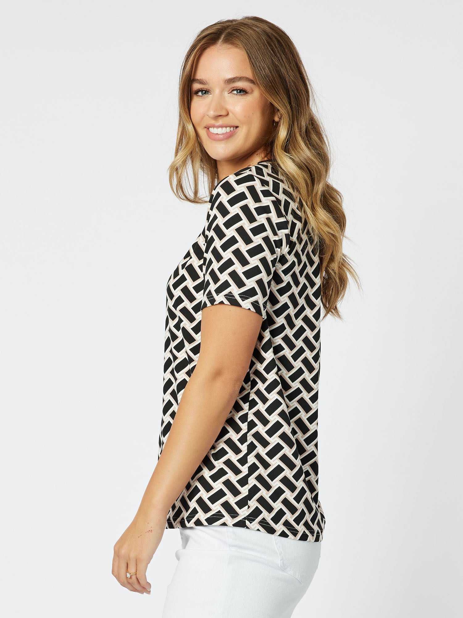 Chevron Knit Top Round Neck Short Sleeve Tshirt - Black/Stone