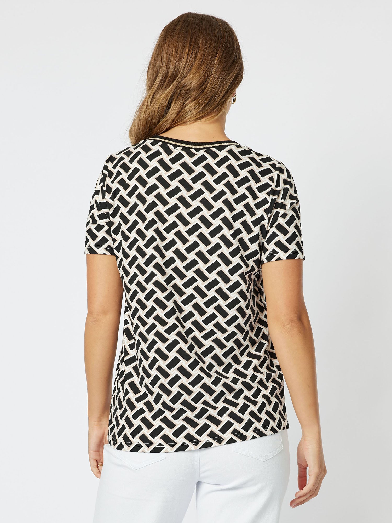 Chevron Knit Top Round Neck Short Sleeve Tshirt - Black/Stone