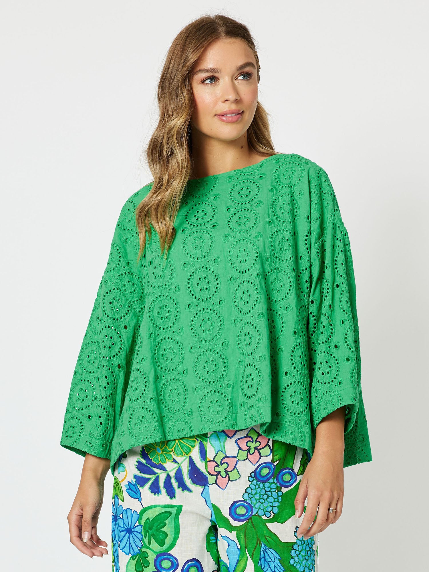 Casablanca Broderie Cotton Top - Emerald