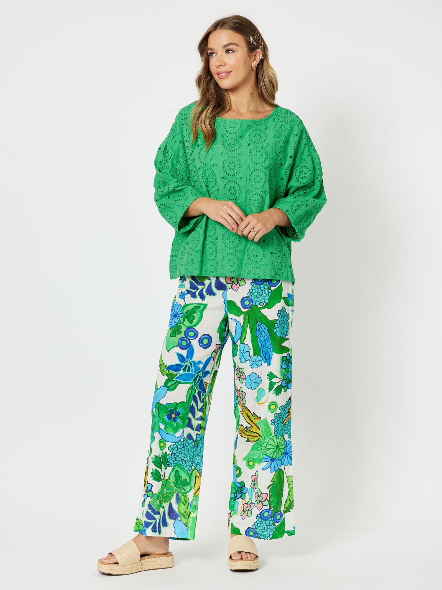 Casablanca Broderie Cotton Top - Emerald