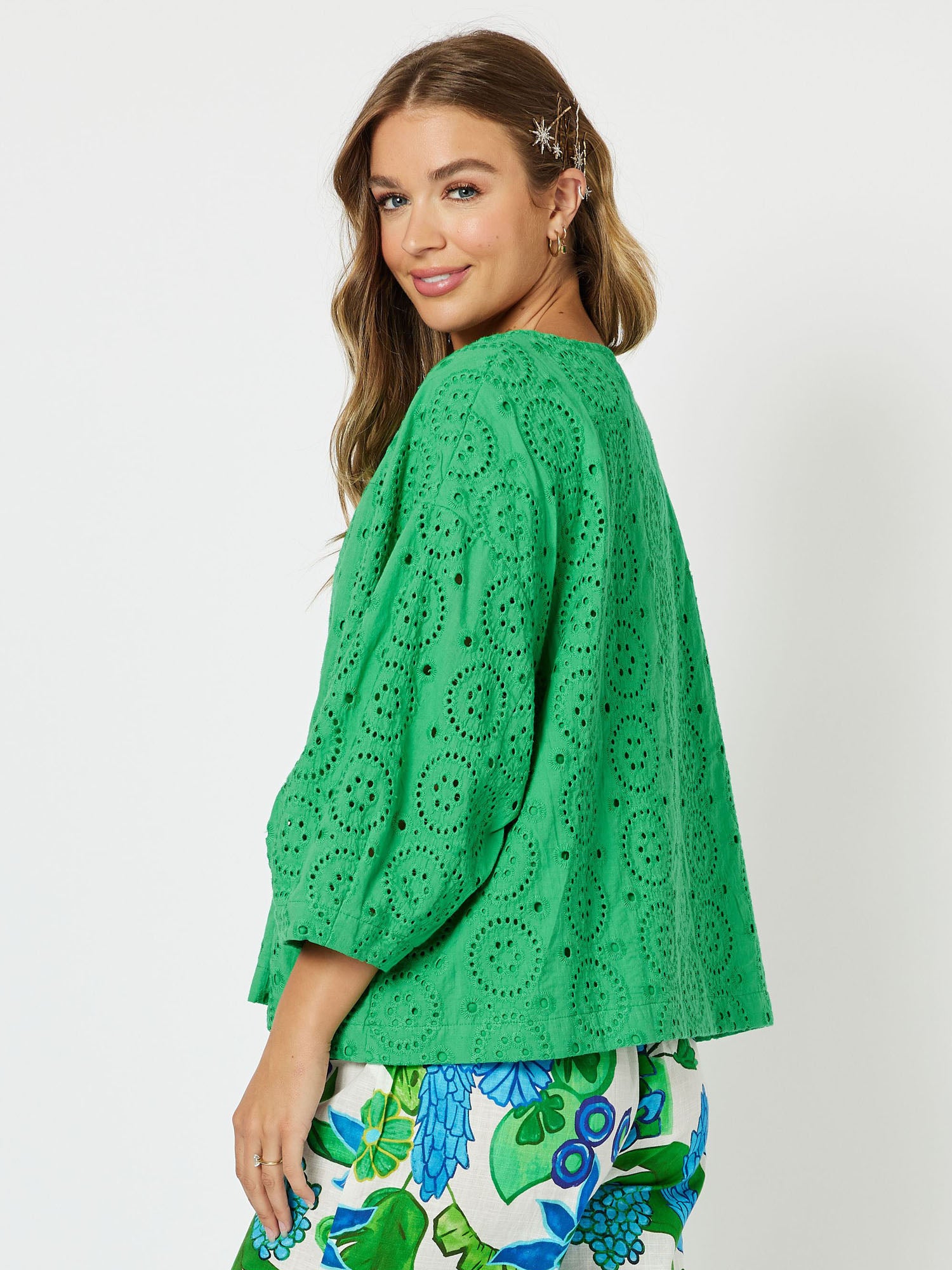Casablanca Broderie Cotton Top - Emerald