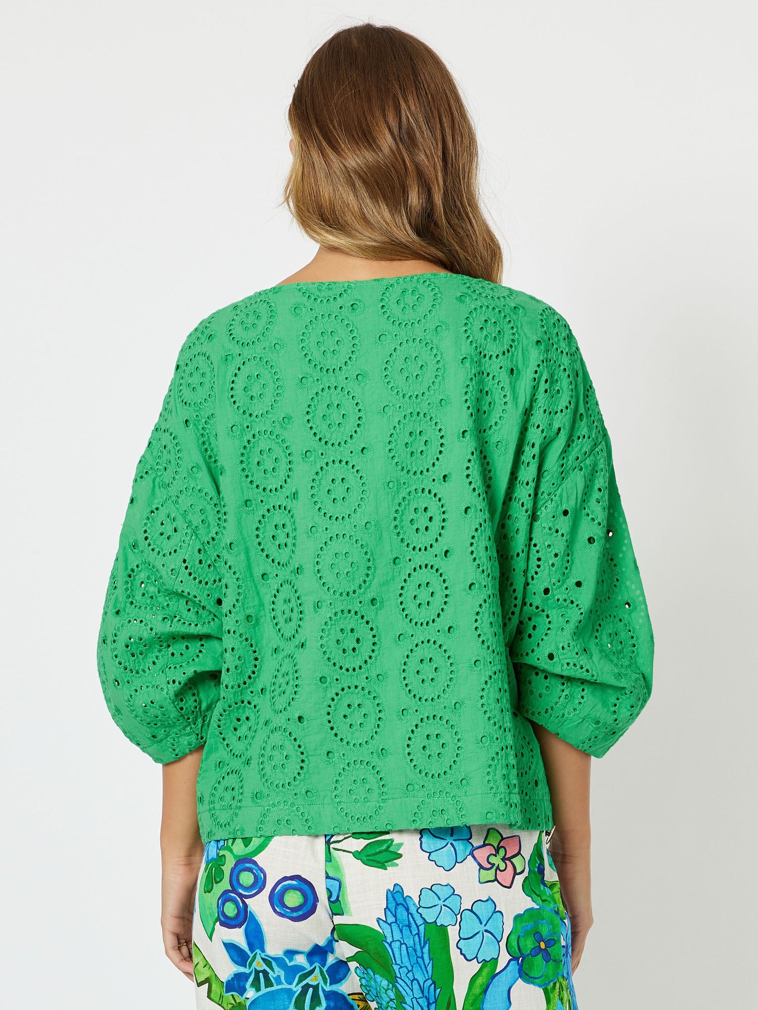 Casablanca Broderie Cotton 3/4 Sleeve Top - Emerald