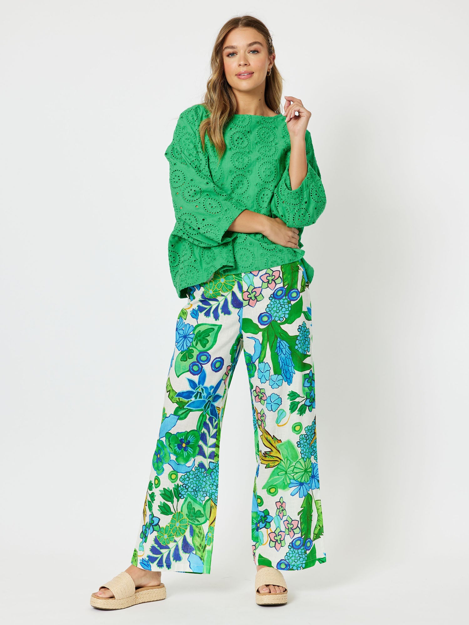 Casablanca Broderie Cotton Top - Emerald