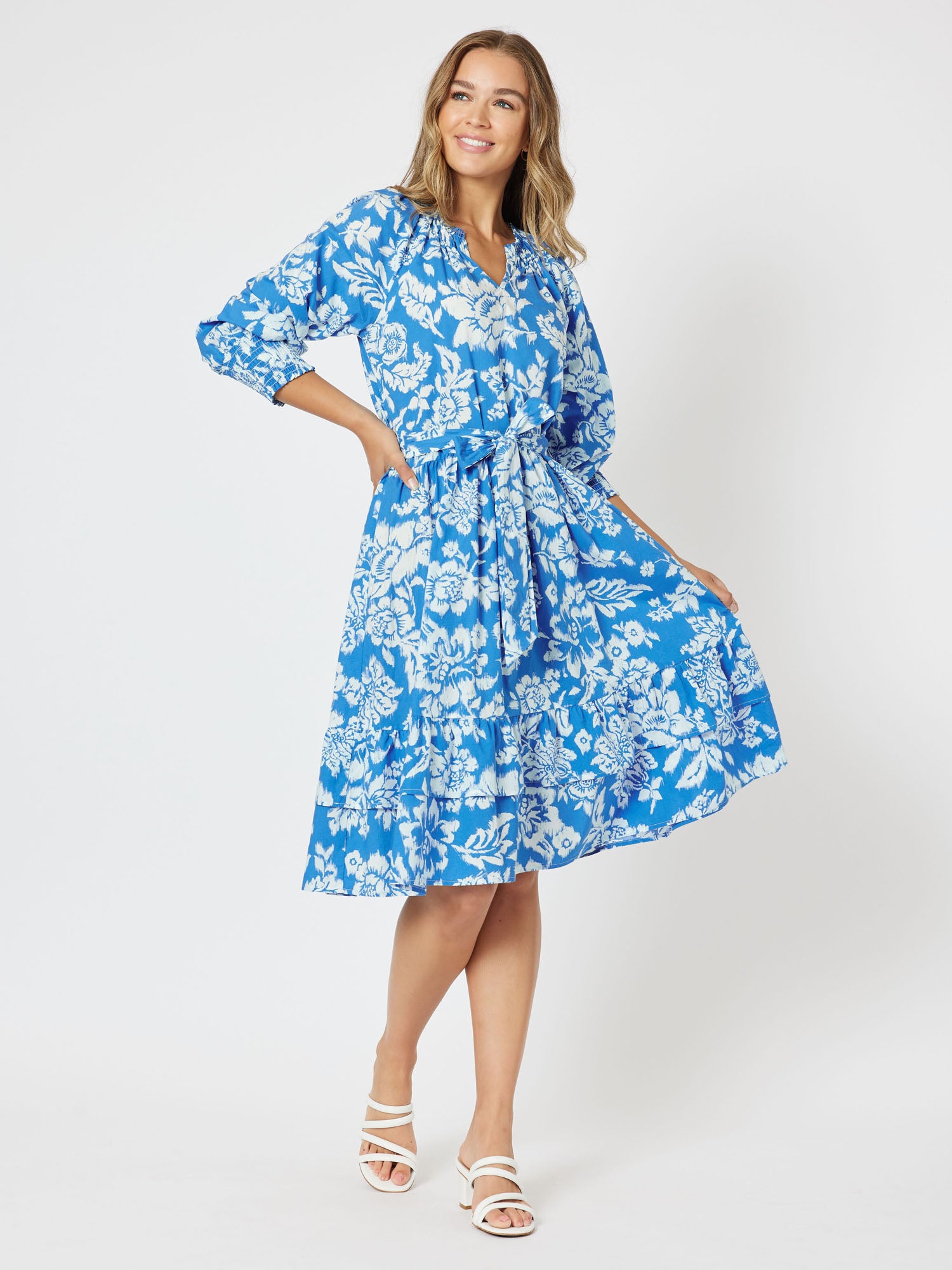 Martini Cotton Print 3/4 Sleeve A-line Dress - Blue