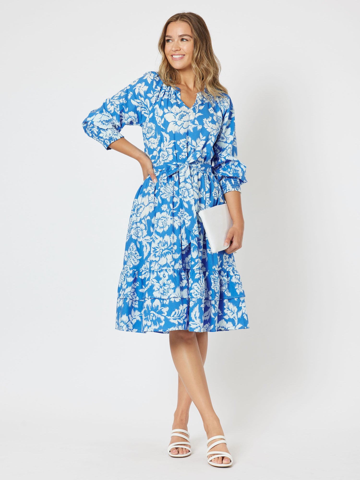 Martini Cotton Print 3/4 Sleeve A-line Dress - Blue