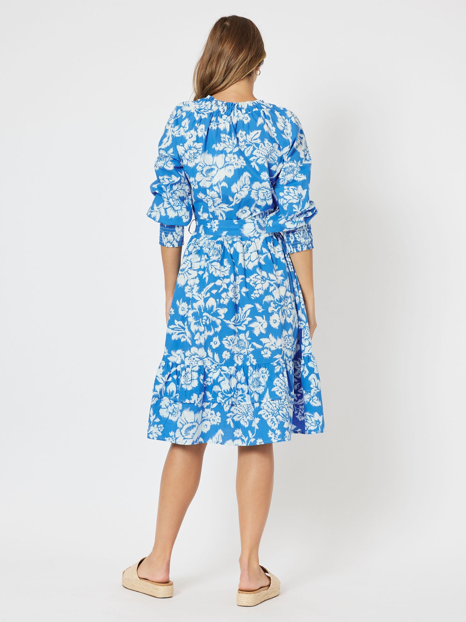 Martini Cotton Print 3/4 Sleeve A-line Dress - Blue