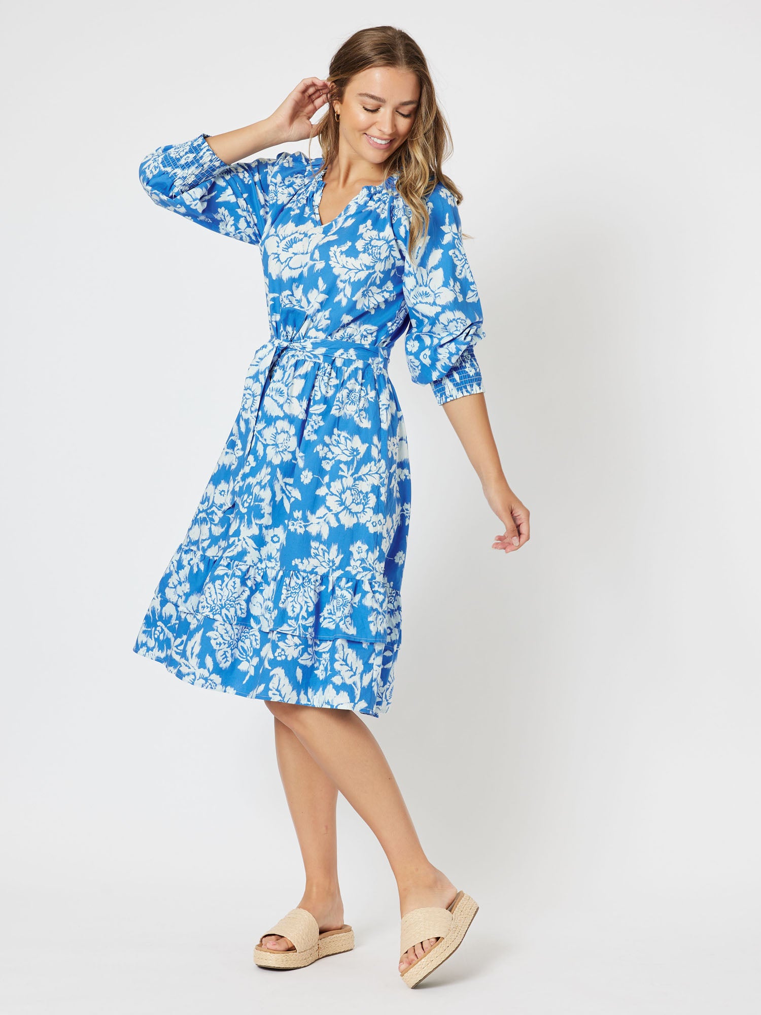 Martini Cotton Print 3/4 Sleeve A-line Dress - Blue